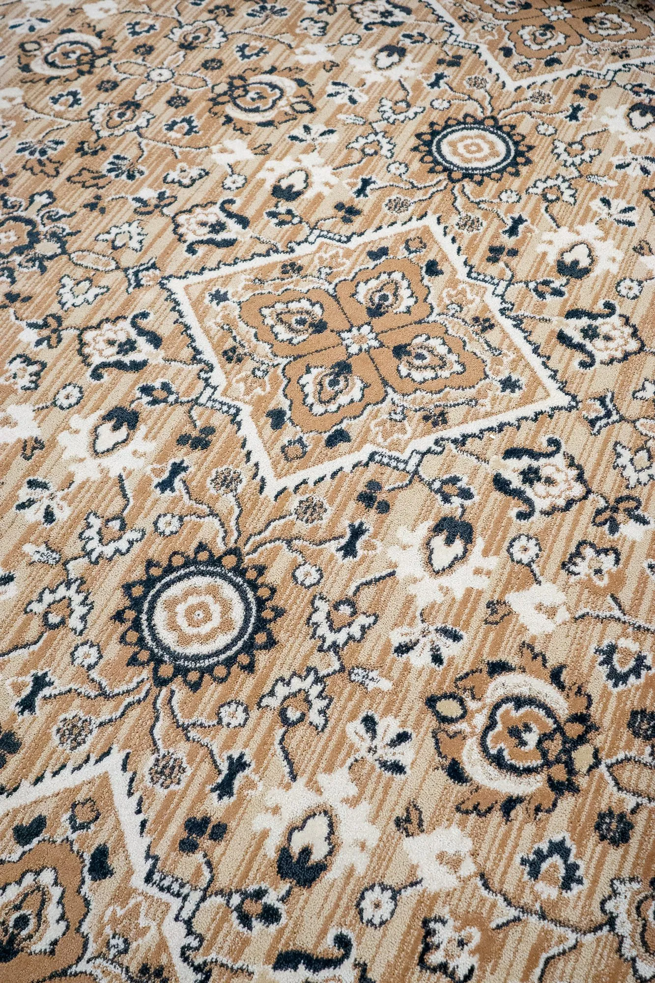 Senior living interior detail: carpet with a tan, cream and navy medallion pattern