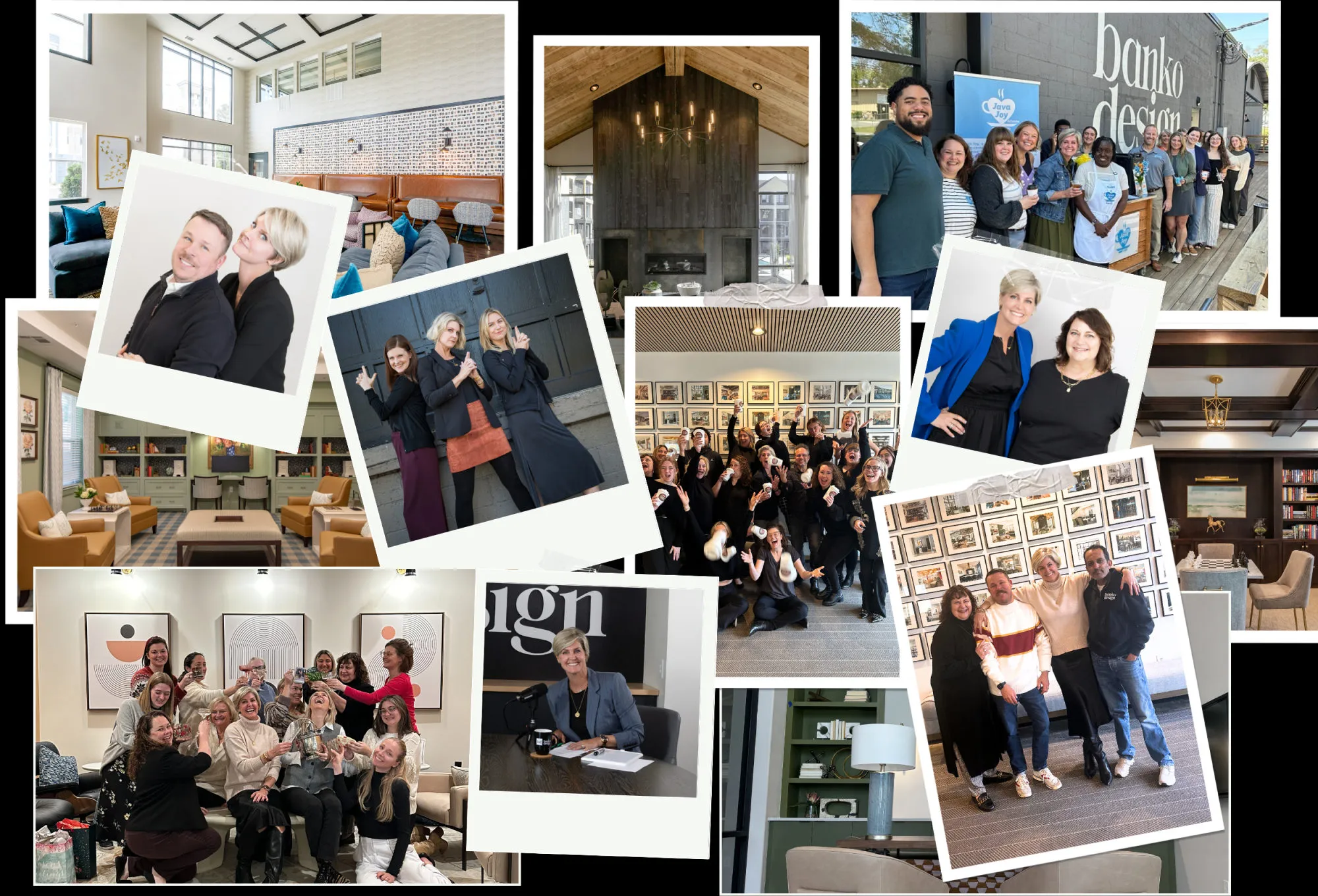 Collage of a decade at Banko Design: team portraits and group photographs over finished interiors and an event banner