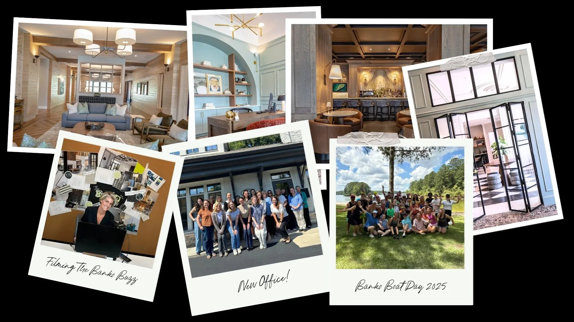 Collage of studio interiors and photos captioned Filming The Banko Buzz, New Office and Banko Boat Day 2025