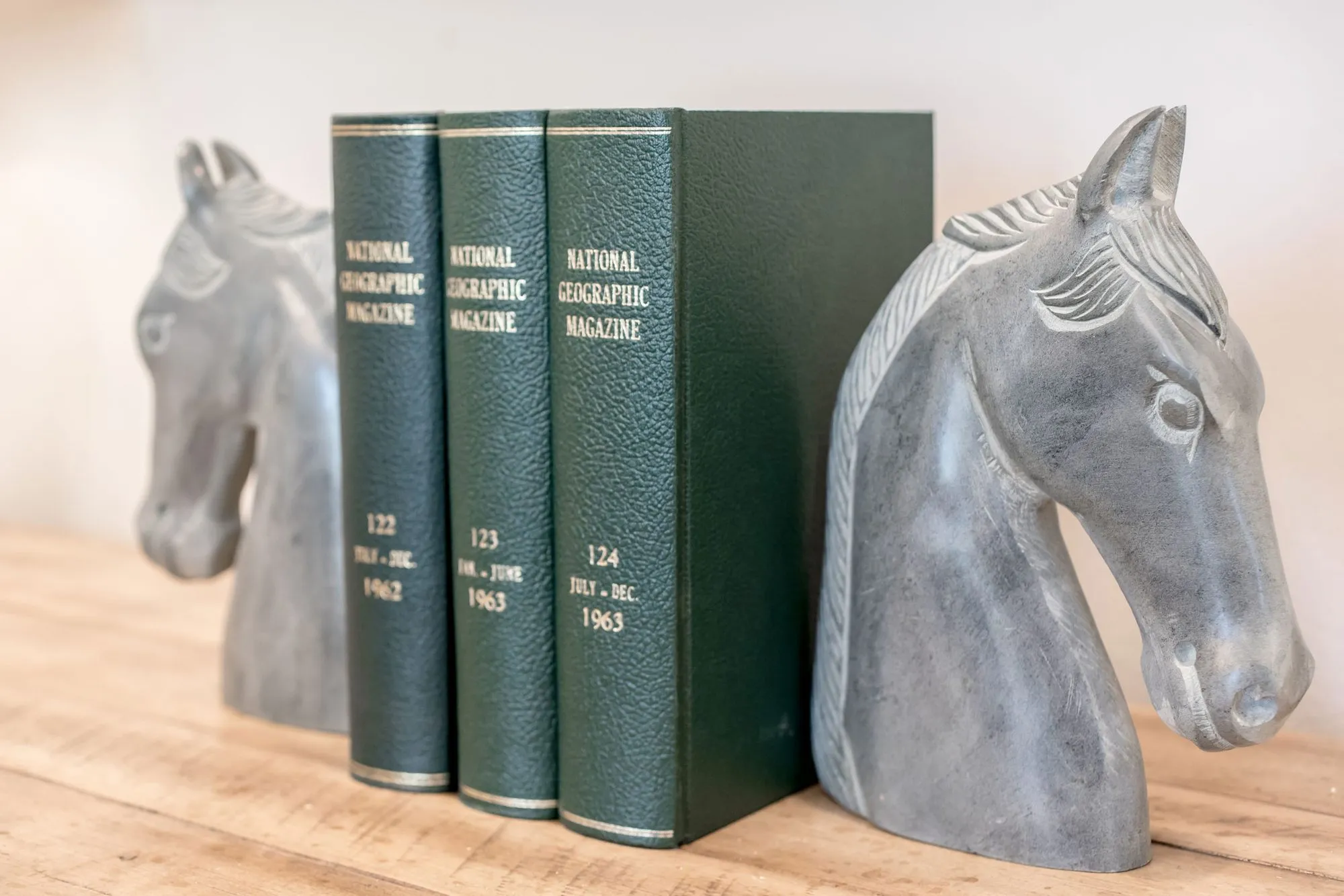 Senior living interior detail: grey stone horse head bookends holding three green bound magazine volumes