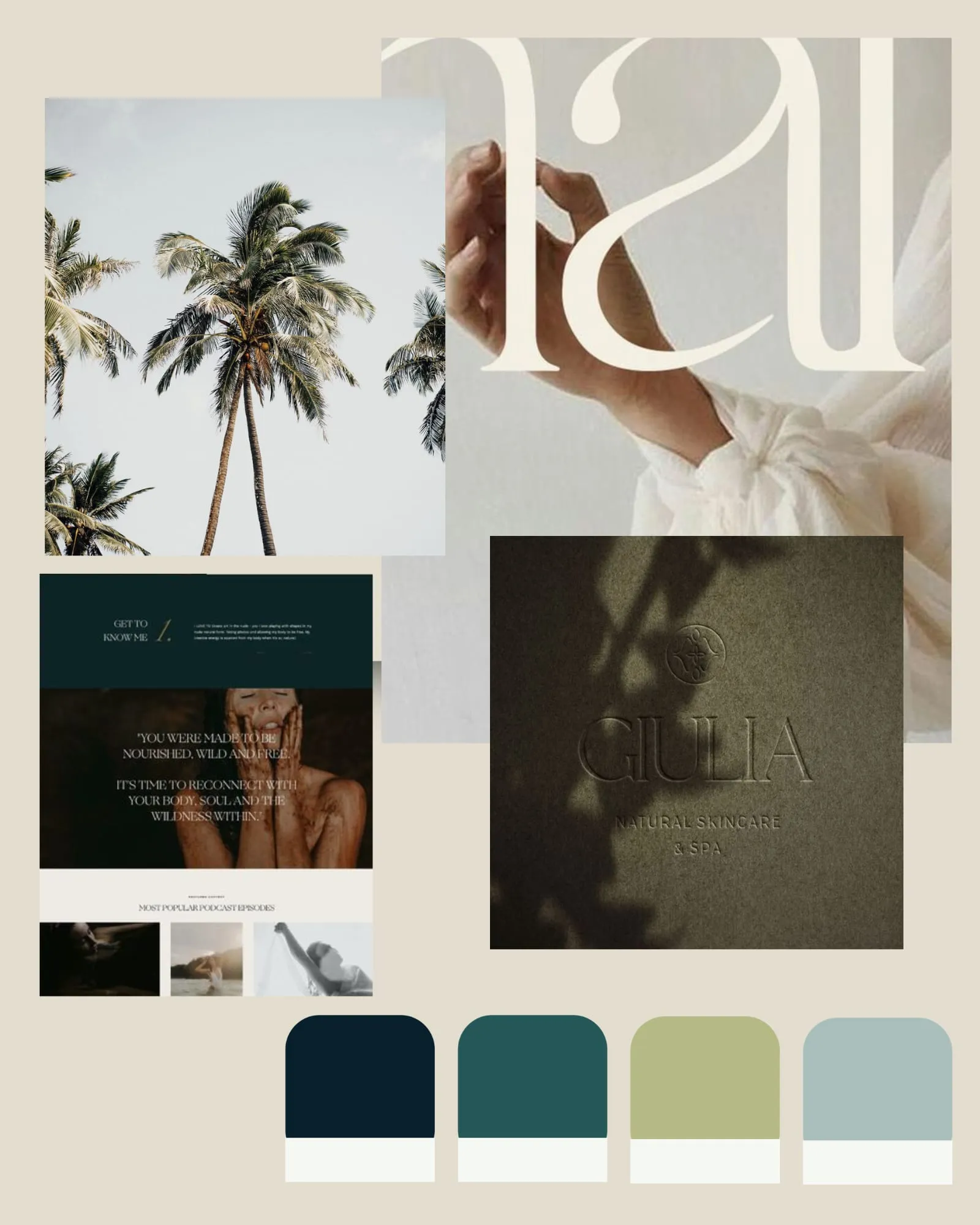 Mood board collage: palm trees against a pale sky, a cream script logotype, a hand resting on a dark green brochure, a moody portrait, and a strip of navy, teal, sage and blue paint chips