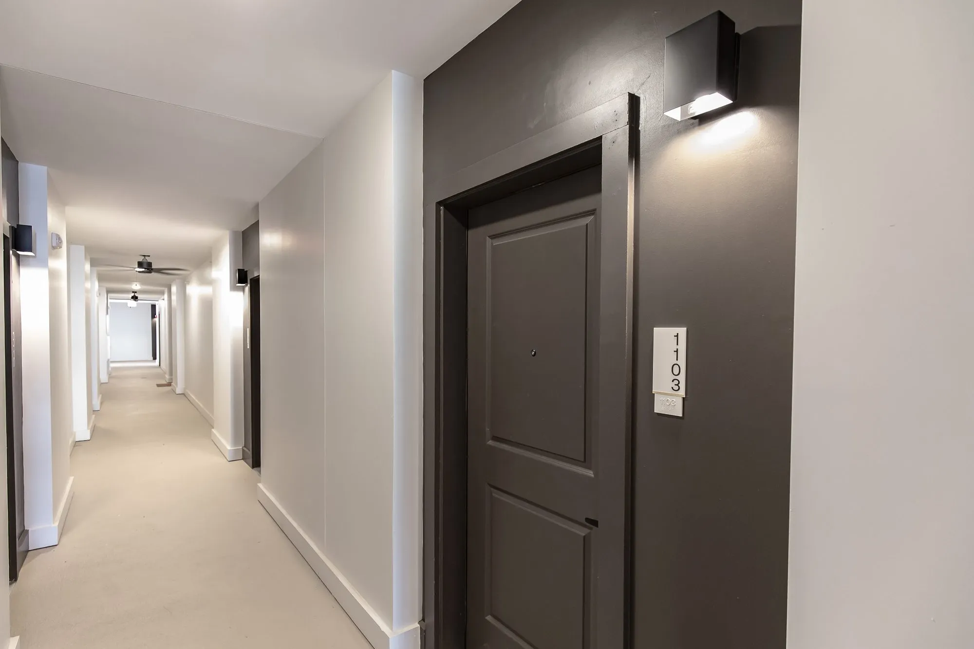 Multifamily residential corridor with a dark painted door and number plaque under a black sconce