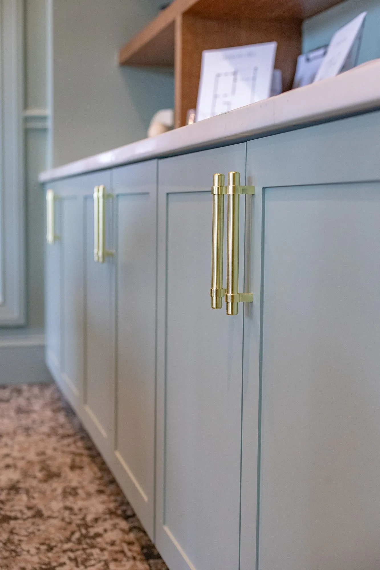 Multifamily interior detail: pale blue shaker cabinets with long brass pulls on a patterned carpet