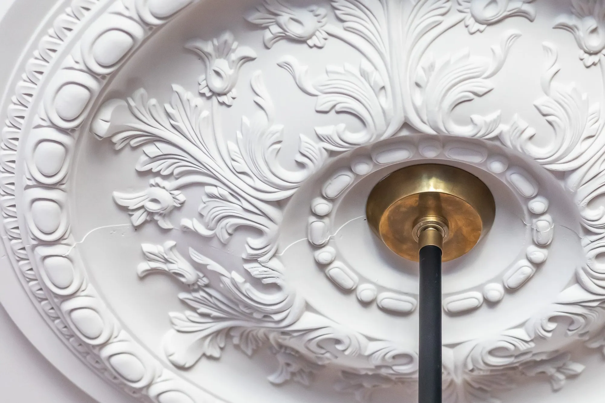 Multifamily amenity interior detail: ornate white plaster ceiling medallion with acanthus leaves around a brass canopy