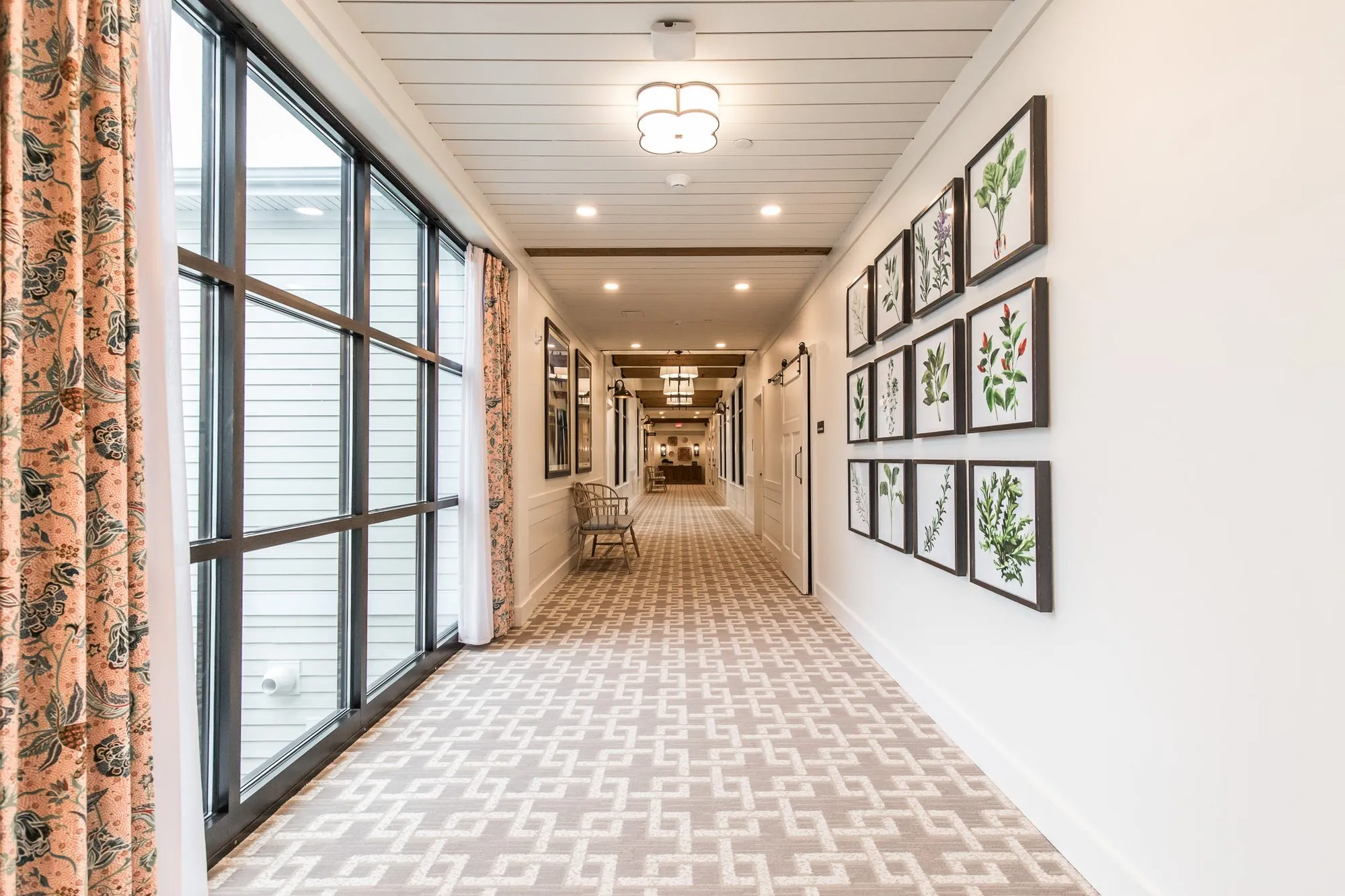 Senior living corridor along a black framed window wall hung with coral floral drapery, botanical prints opposite