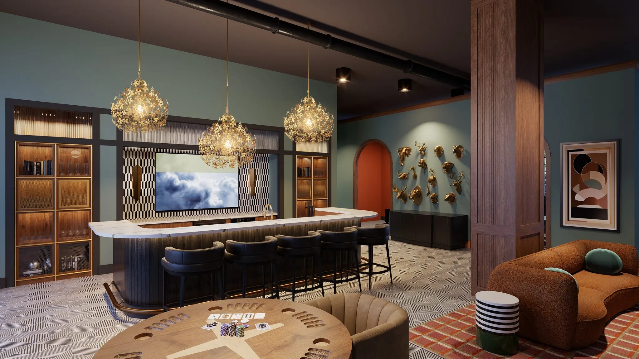 Multifamily amenity bar and game lounge rendering with a curved fluted bar, interior design by Banko Design at Confidential Project, Orlando, Florida