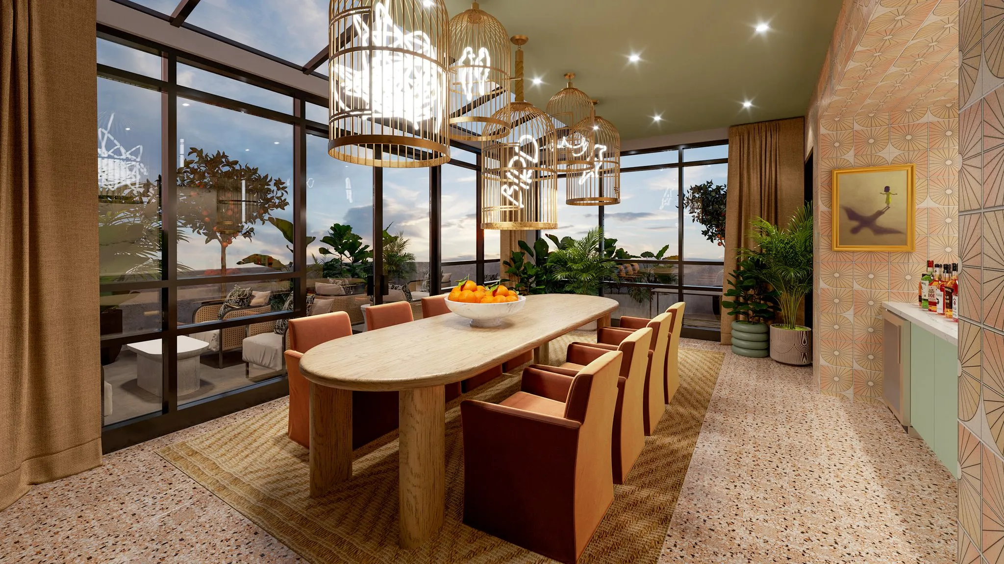 Multifamily amenity dining room rendering with brass birdcage chandeliers above an oval oak table and rust leather armchairs