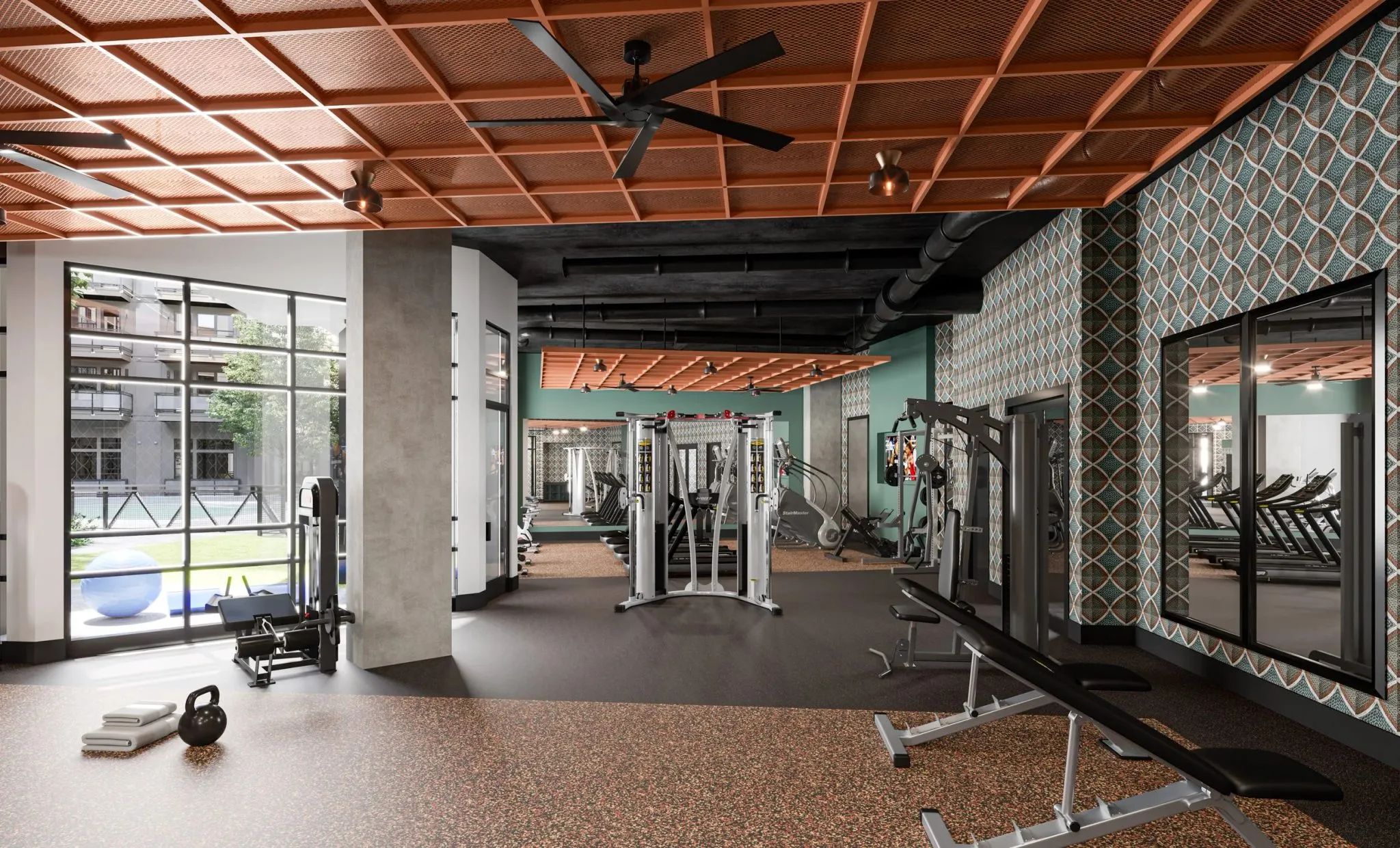 Multifamily amenity fitness center rendering with a copper coffered ceiling and green tile above weight benches