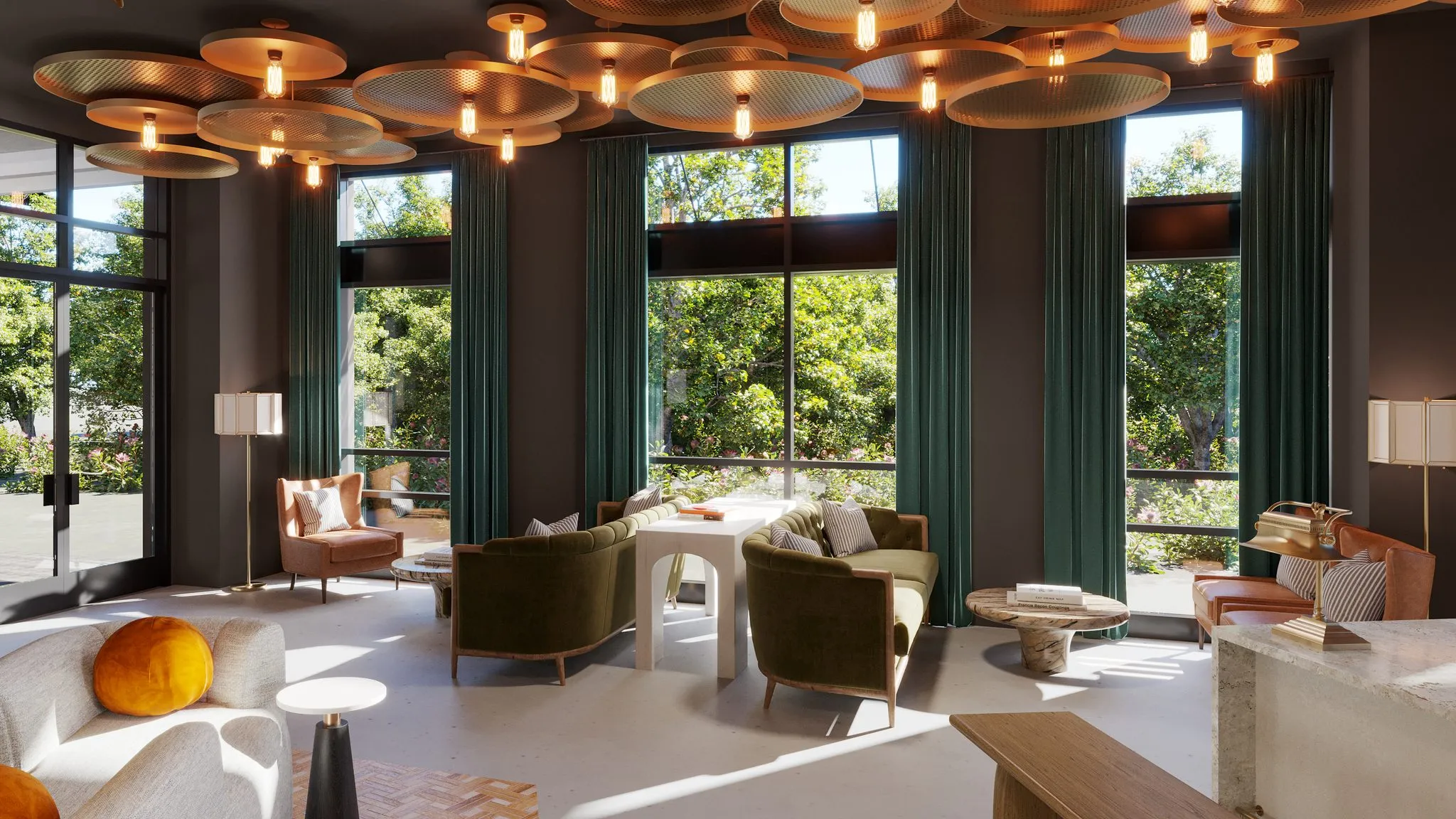 Multifamily amenity living room rendering, a ceiling of overlapping brass discs above olive velvet chairs and green drapes