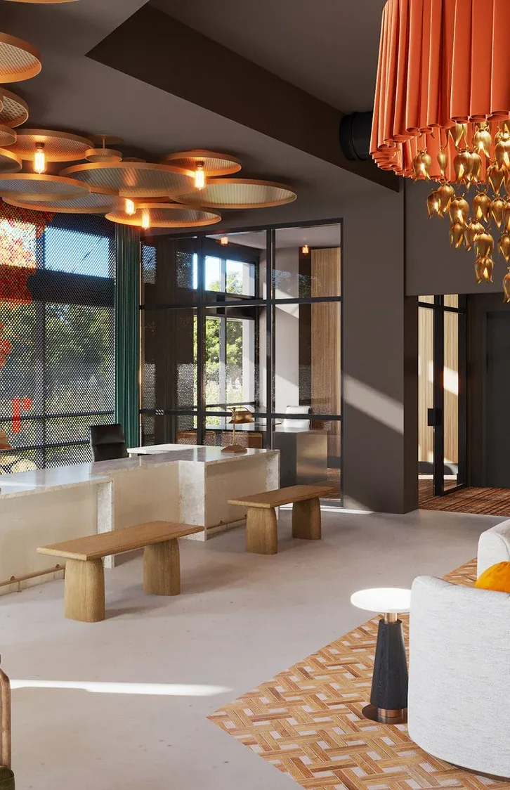 Multifamily amenity leasing lounge rendering with a fringed orange chandelier, interior design by Banko Design at Confidential Project, Orlando, Florida