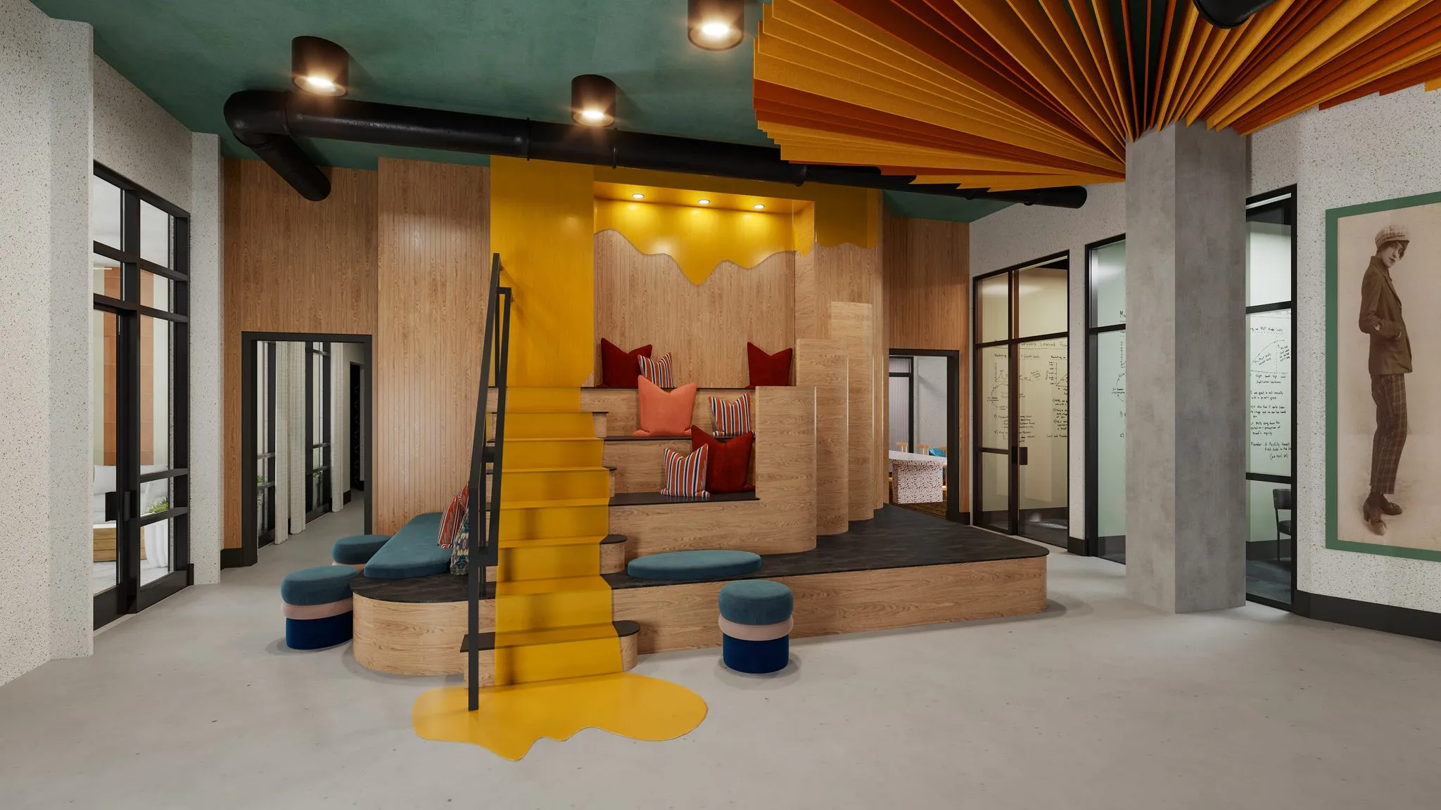 Multifamily amenity play stair rendering, a yellow sculptural staircase beside tiered cushioned seating and drum poufs