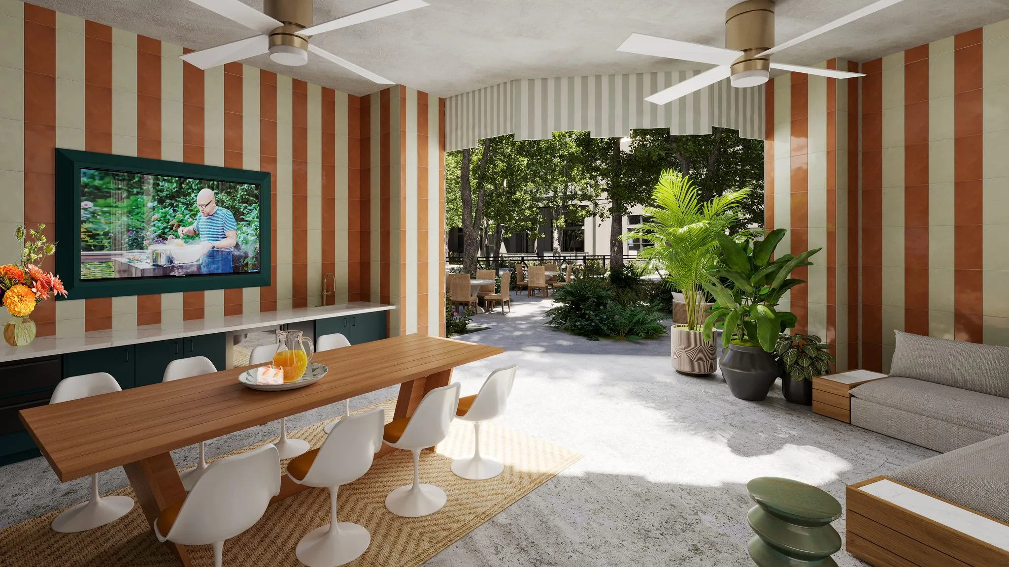 Multifamily amenity screened porch rendering with rust and cream striped walls and white tulip chairs at an oak table