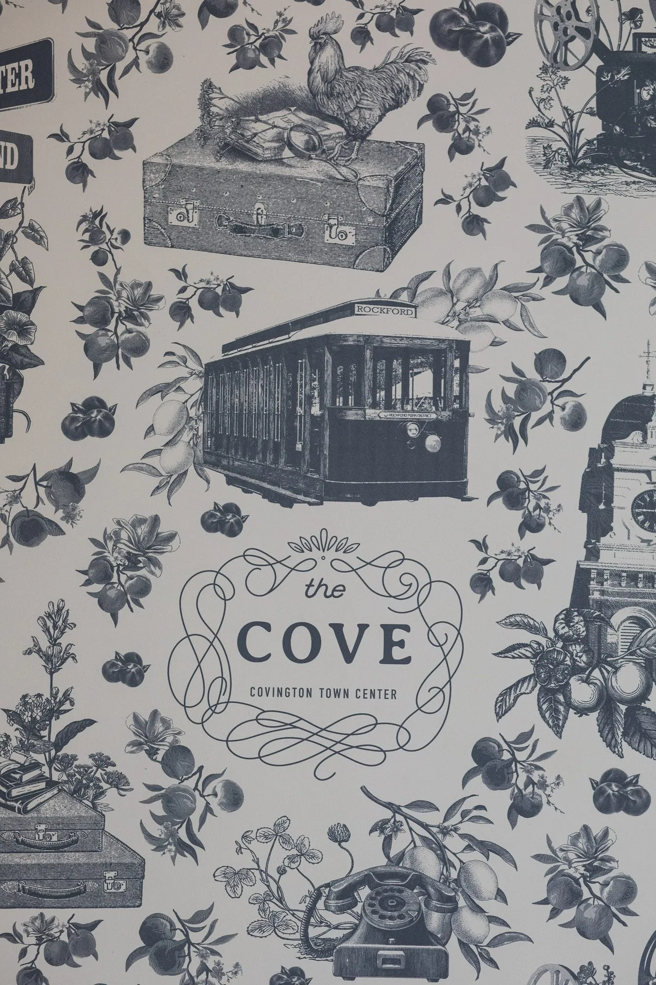 Multifamily amenity interior detail: navy and white toile wallpaper showing a trolley, a rooster, a rotary phone and fruit
