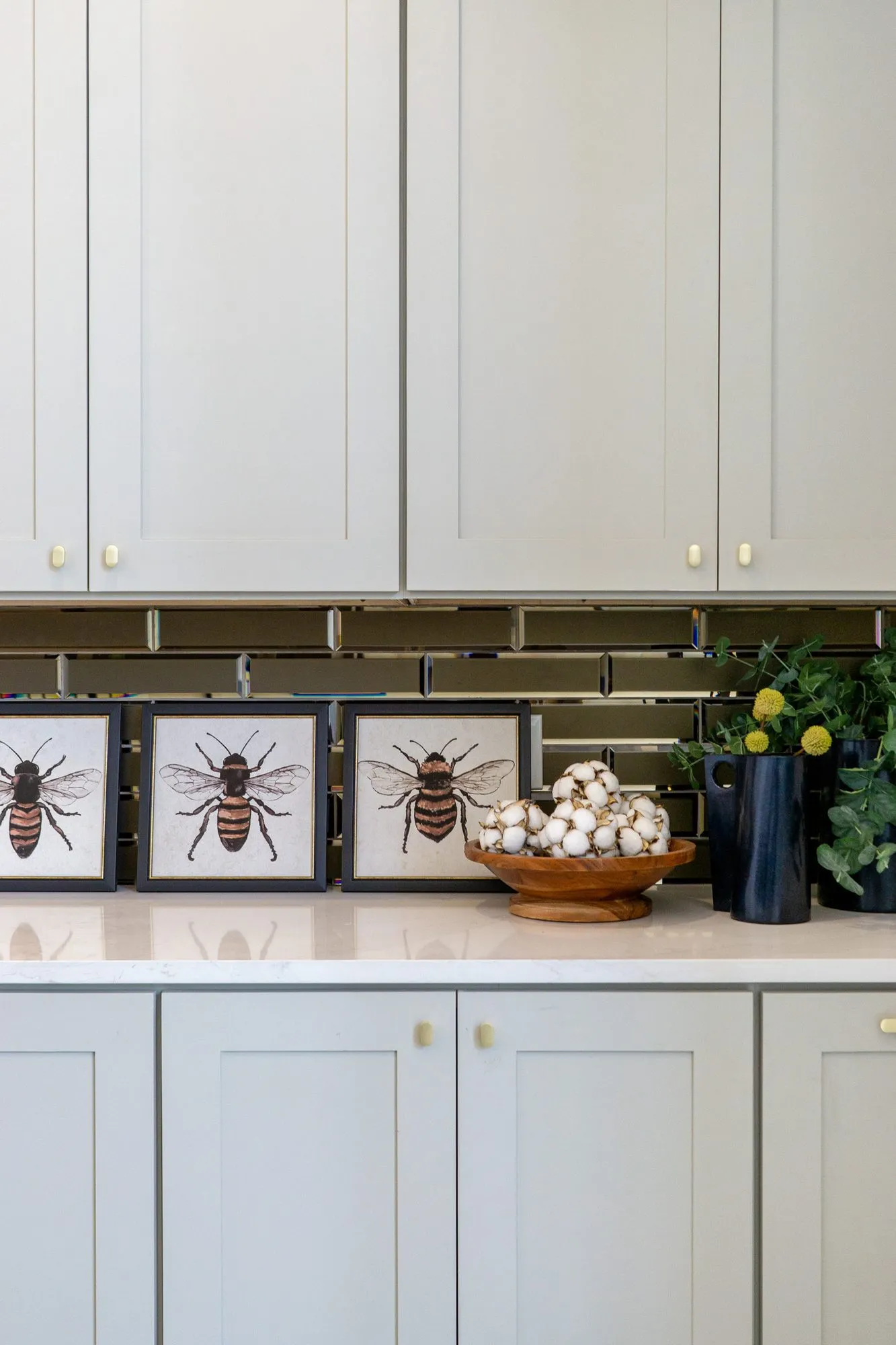 Multifamily interior detail: framed bee prints, a bowl of cotton and a black vase on the counter below grey cabinets