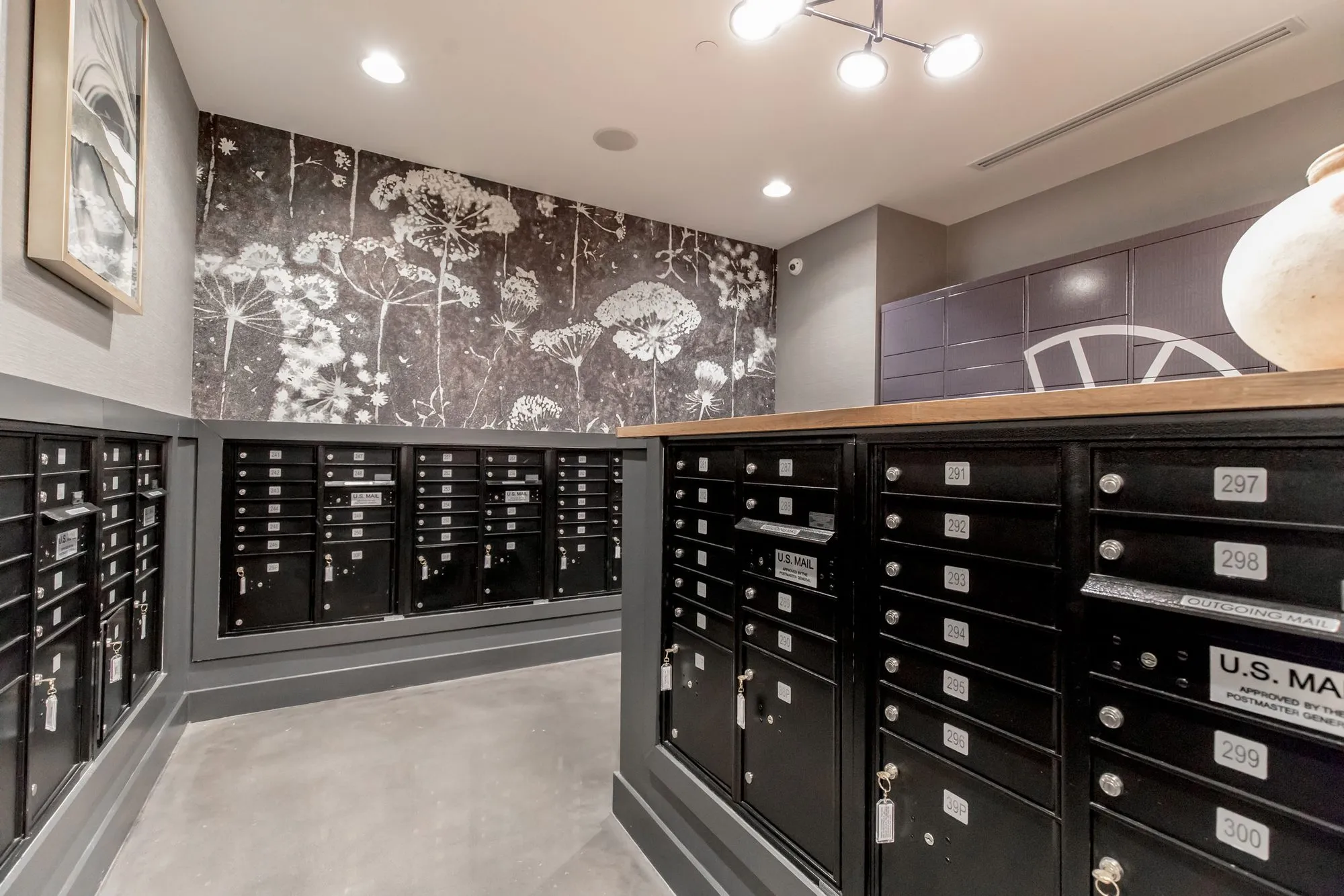 Multifamily amenity mail room with black parcel lockers, a wood topped counter and a botanical print mural