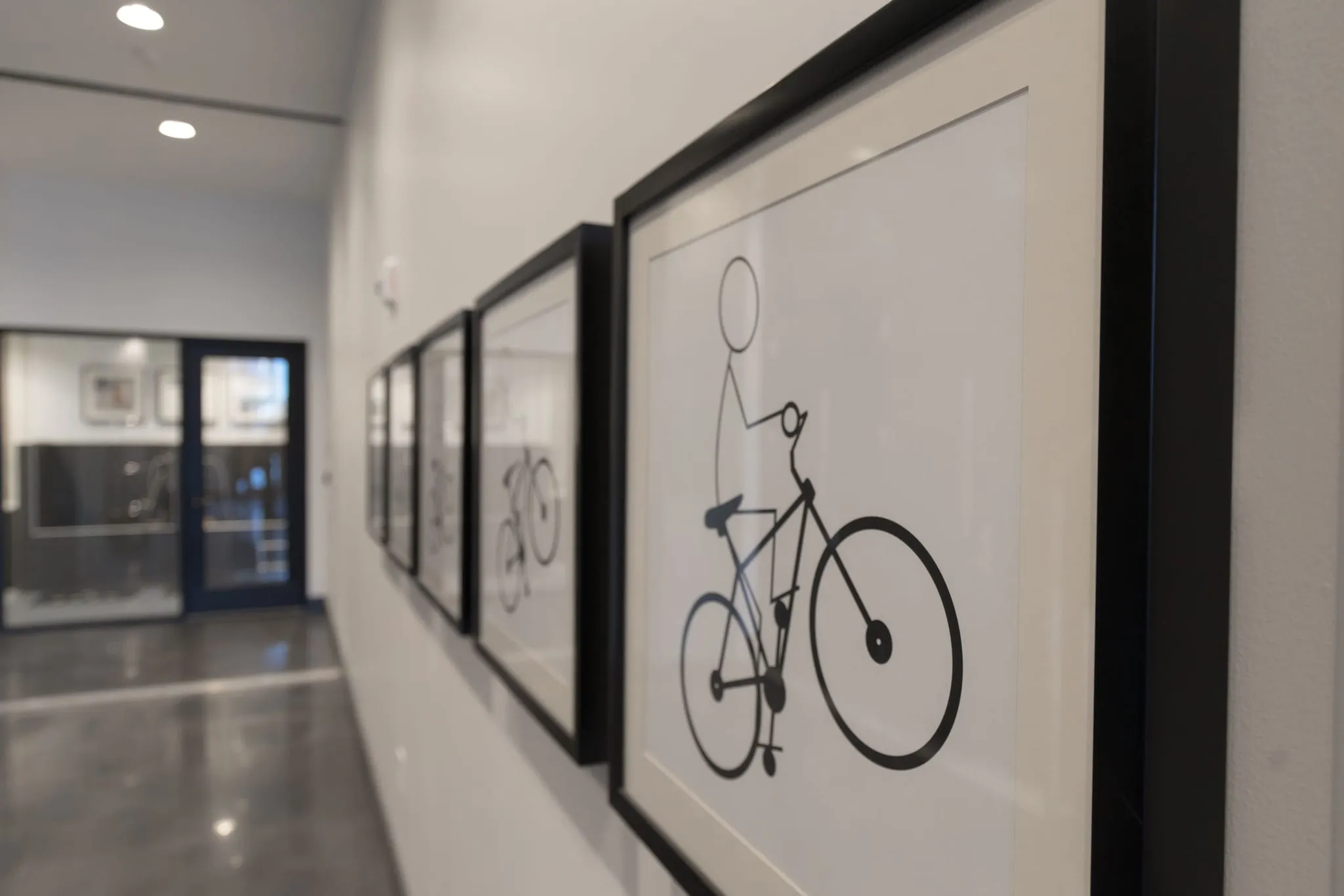 Multifamily corridor with framed bicycle line drawings, interior design by Banko Design at Deca at Camperdown, Greenville, South Carolina
