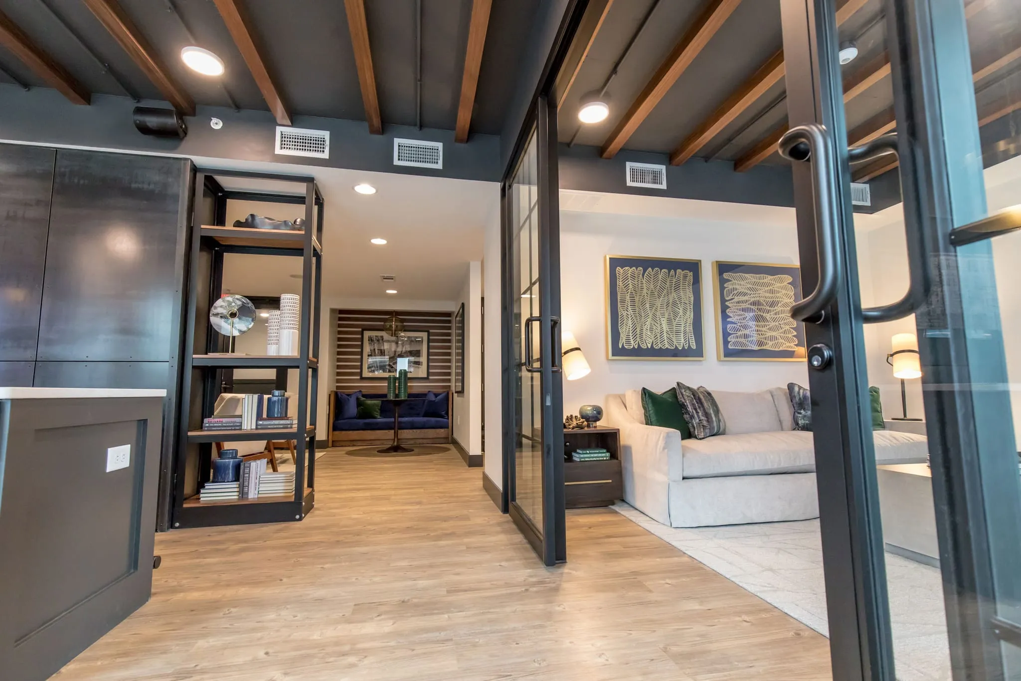 Multifamily amenity library with a white sofa below abstract art behind steel framed glass doors, black shelving outside
