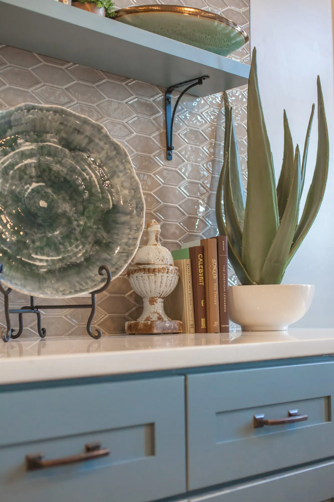 Senior living interior detail: green glazed platter, books and a potted aloe on a blue cabinet below hexagonal tile