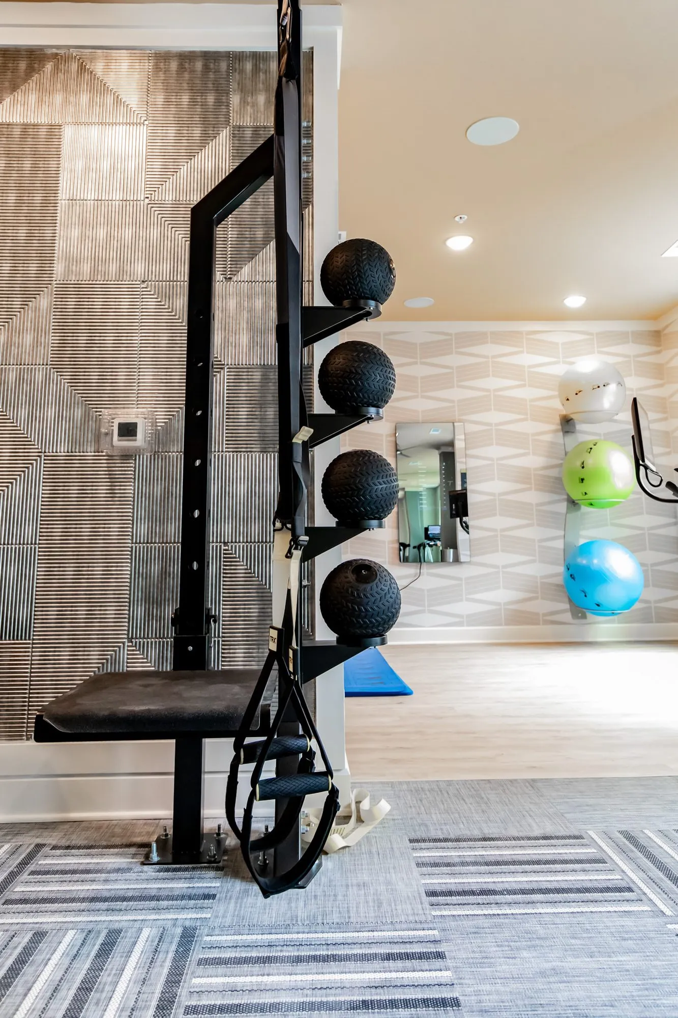 Multifamily amenity fitness area with a black functional trainer holding medicine balls, stability balls racked beyond