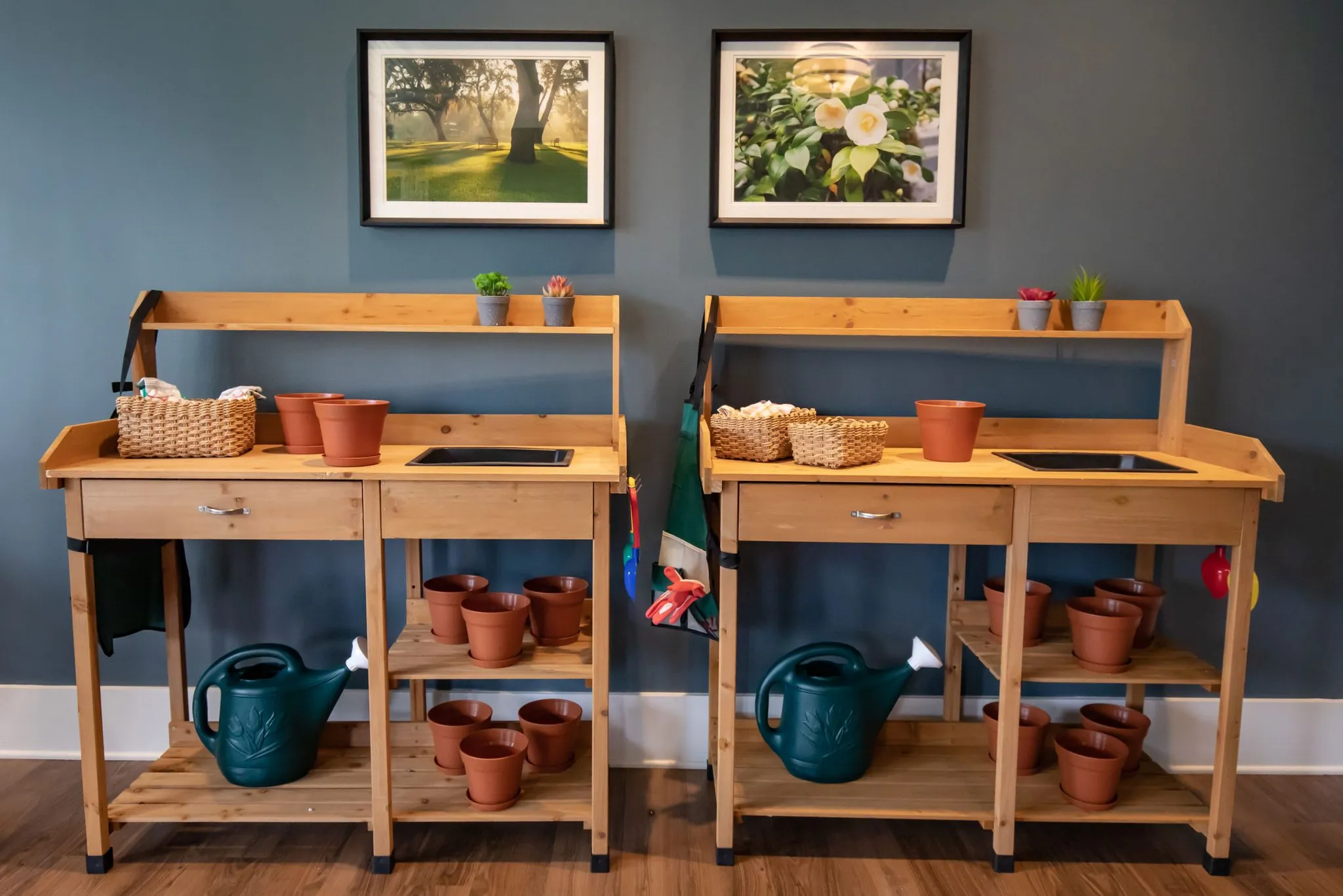 Senior living gardening station: two cedar potting benches with terracotta pots and watering cans on a blue wall