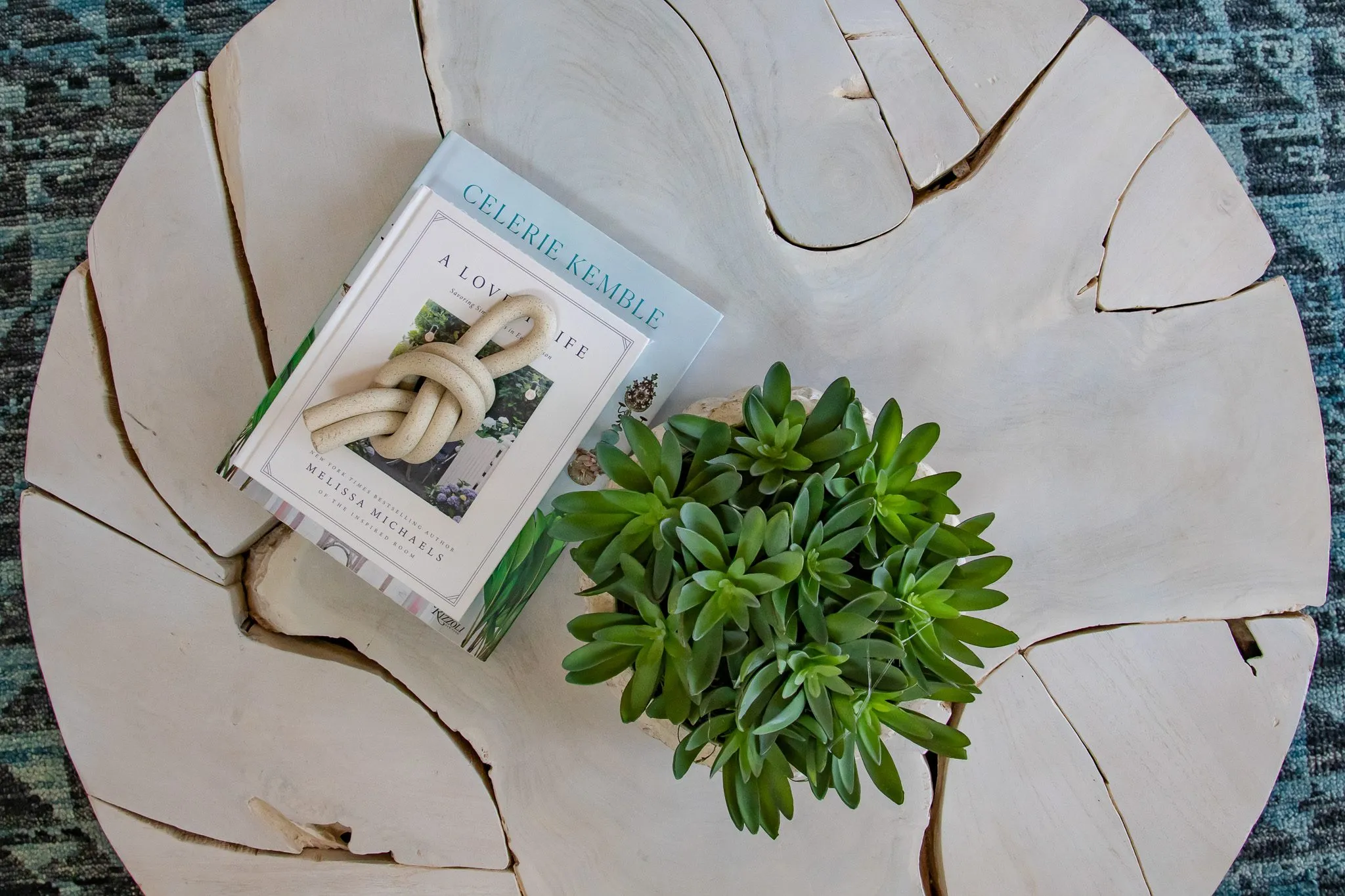 Multifamily interior detail: overhead view of a driftwood slab table with a book, rope knot sculpture and succulent