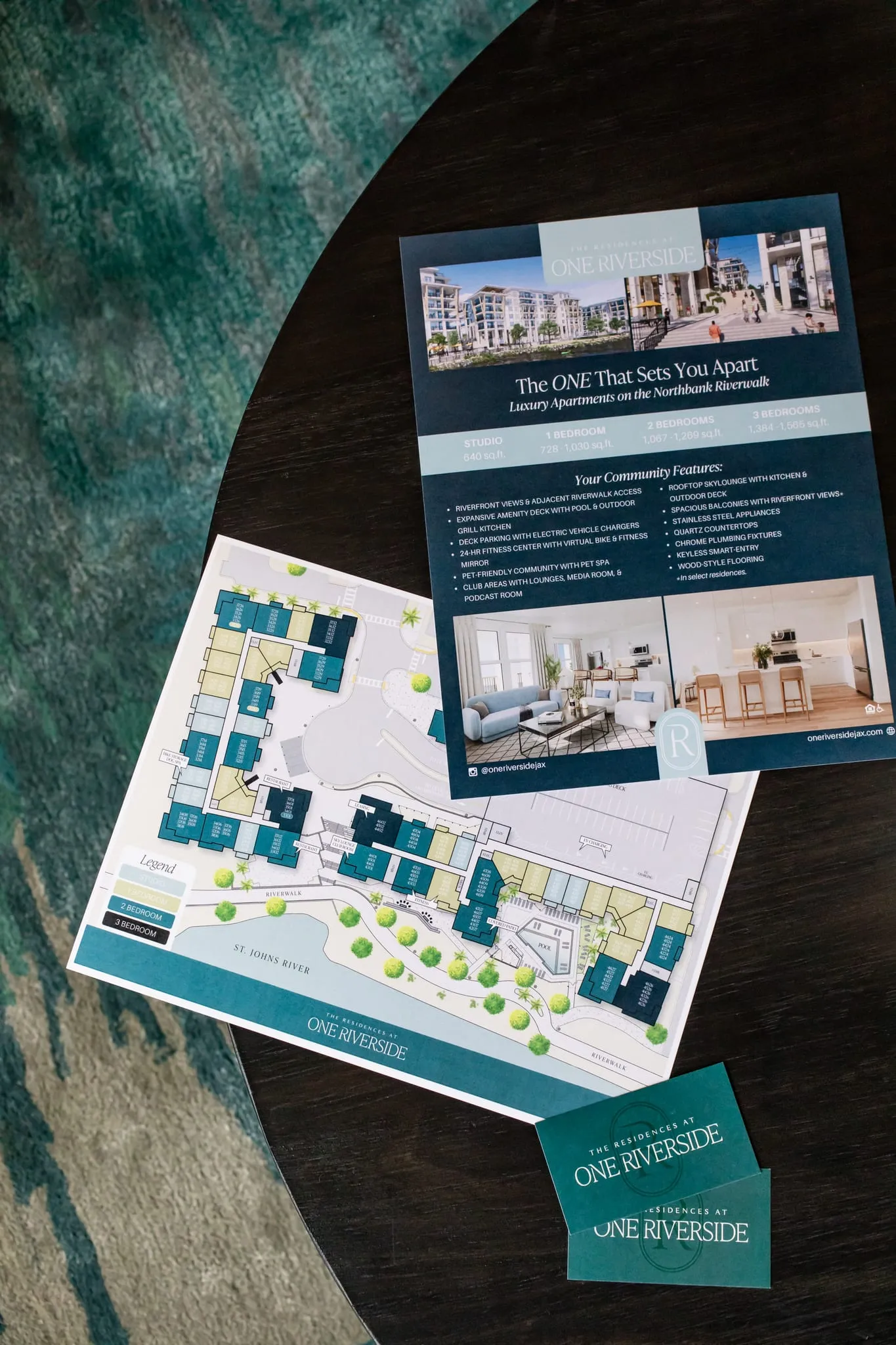 Multifamily leasing collateral: printed brochure and site map from the marketing package