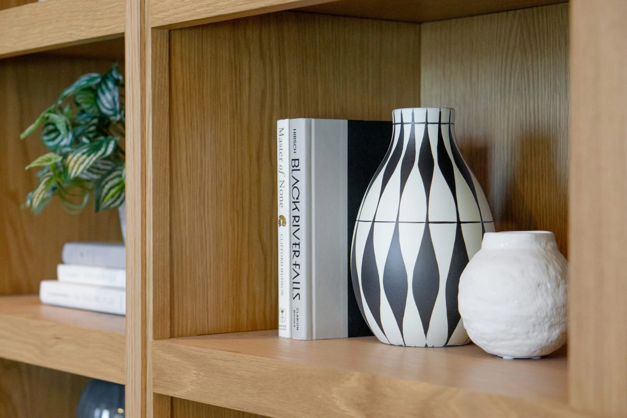 Multifamily interior detail: oak shelf with a harlequin vase and white textured pot beside upright books