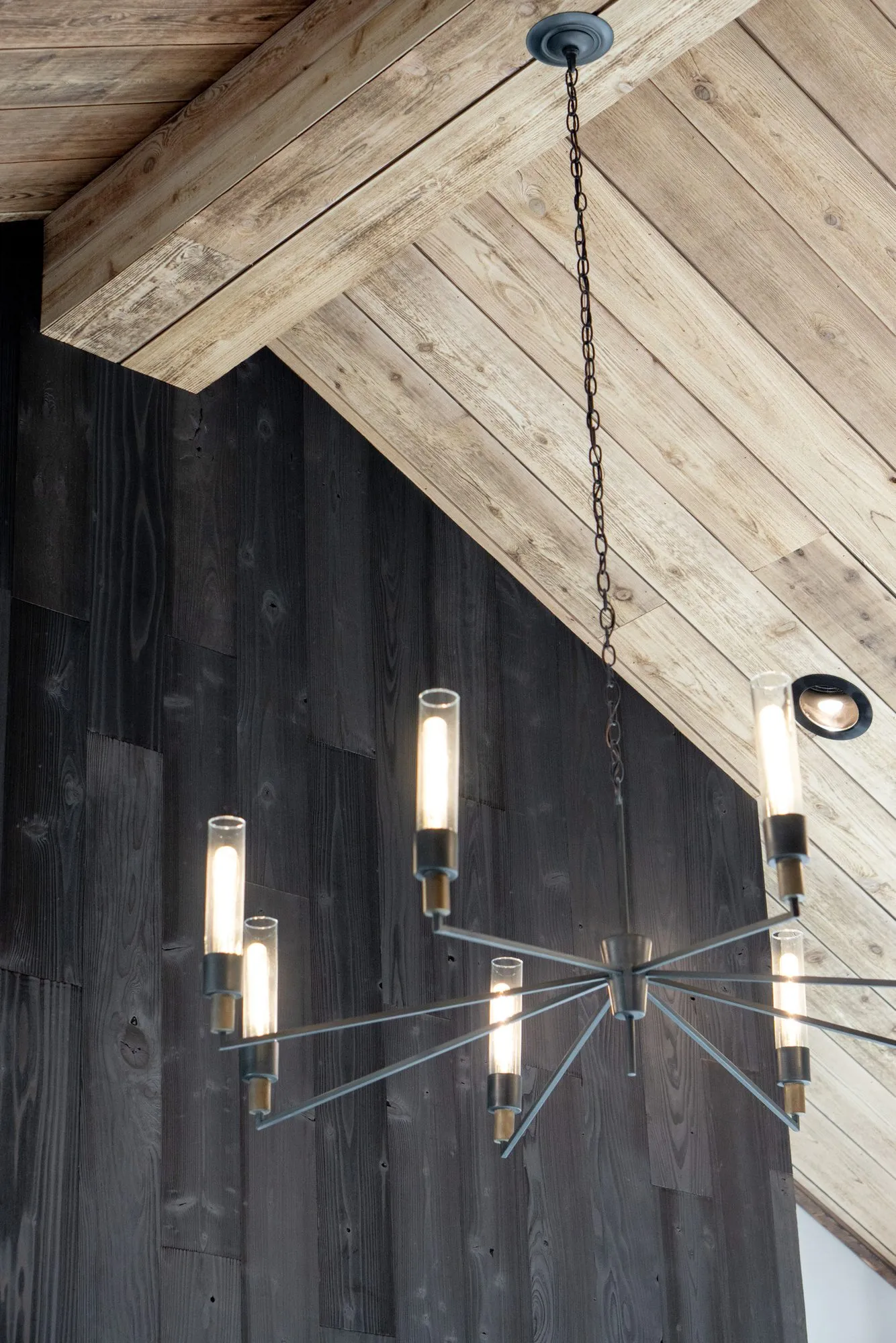 Multifamily interior detail: black and glass multi-arm chandelier against a charred plank wall and weathered wood ceiling