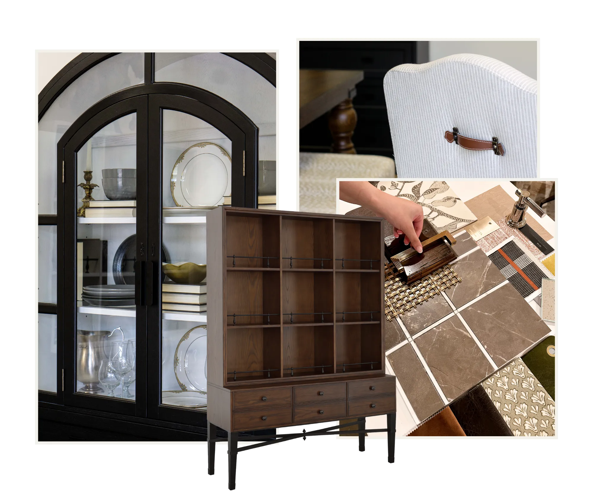 Collage of collection pieces: a black arched china cabinet, a walnut open-shelf hutch, a striped upholstered chair back with a leather pull, and a hand laying out wood and tile samples
