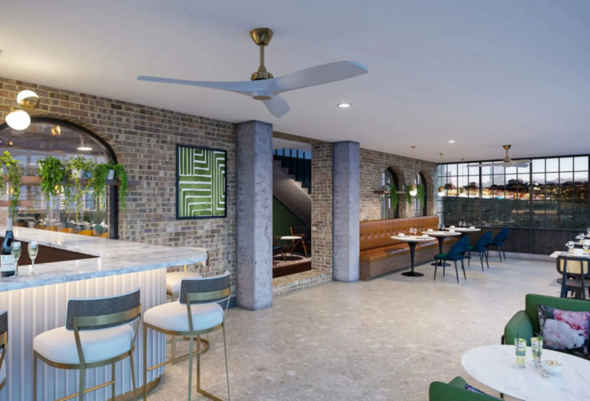 Rooftop bar with exposed brick arches, a fluted marble-topped bar, green chairs and a caramel banquette by steel windows