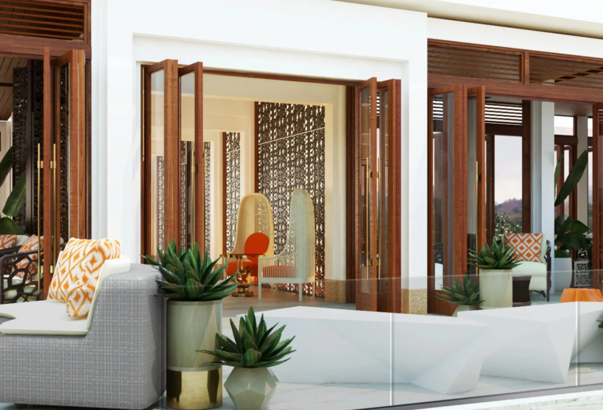 Rendering of a resort terrace where folding wood-framed glass doors open onto a white sofa, agave planters and a pool edge