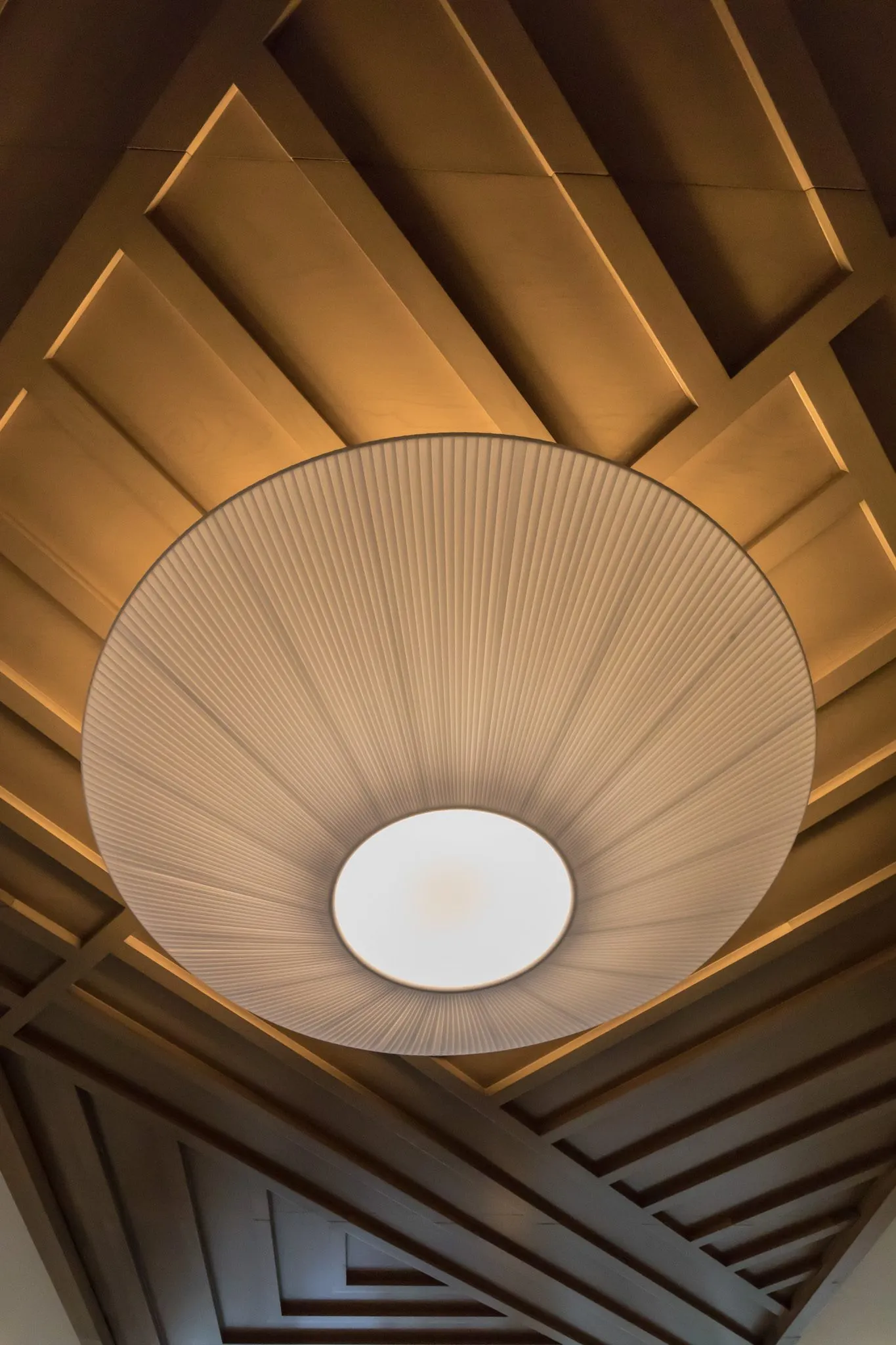 Multifamily interior detail: looking up at a pleated fabric pendant set in a coffered wood ceiling