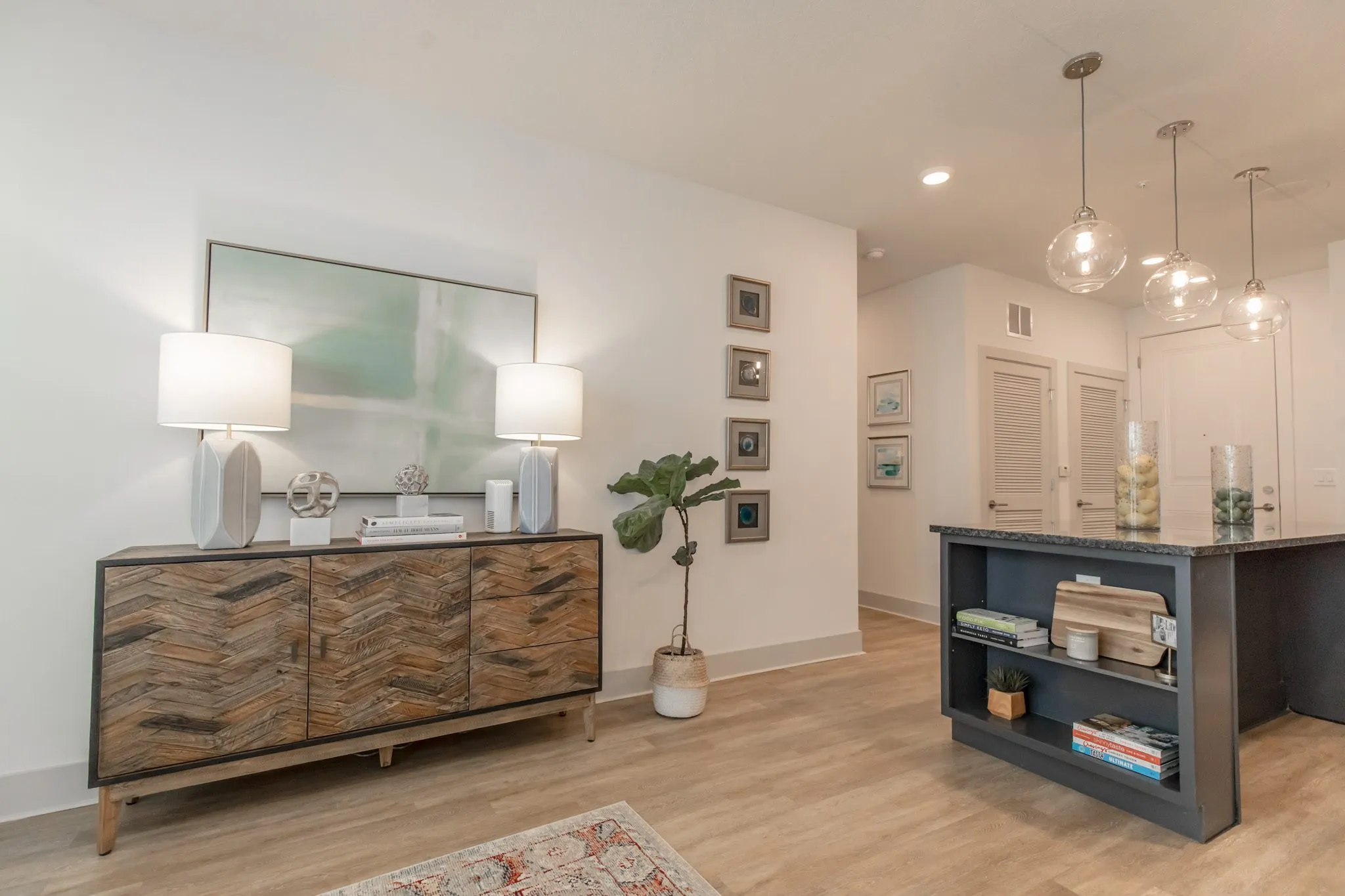 Multifamily apartment living area with a herringbone sideboard, lamps and a fig tree, the navy island with open shelves