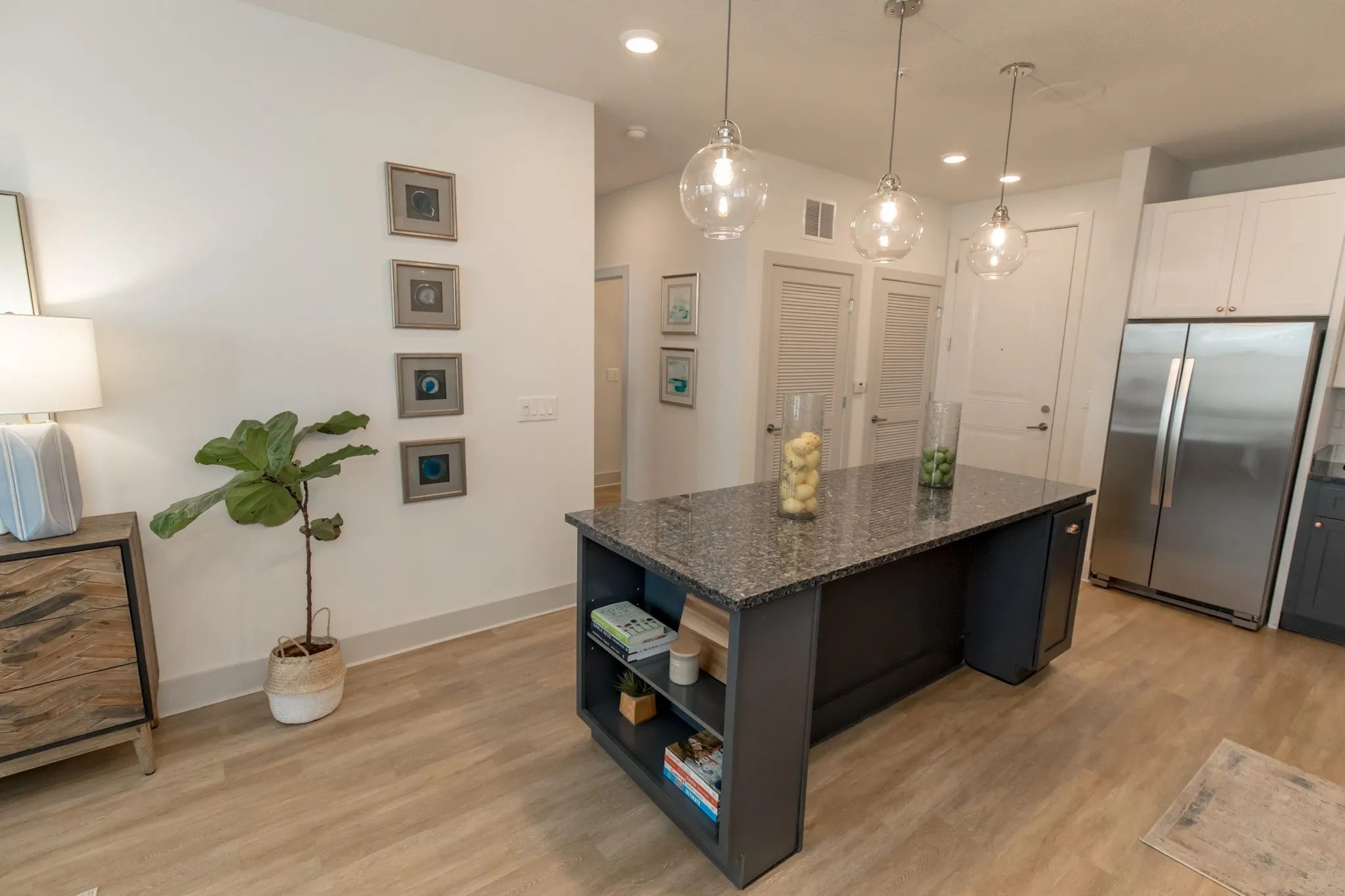 Multifamily kitchen with a navy granite-topped island and open shelving, framed prints and a fig tree at left