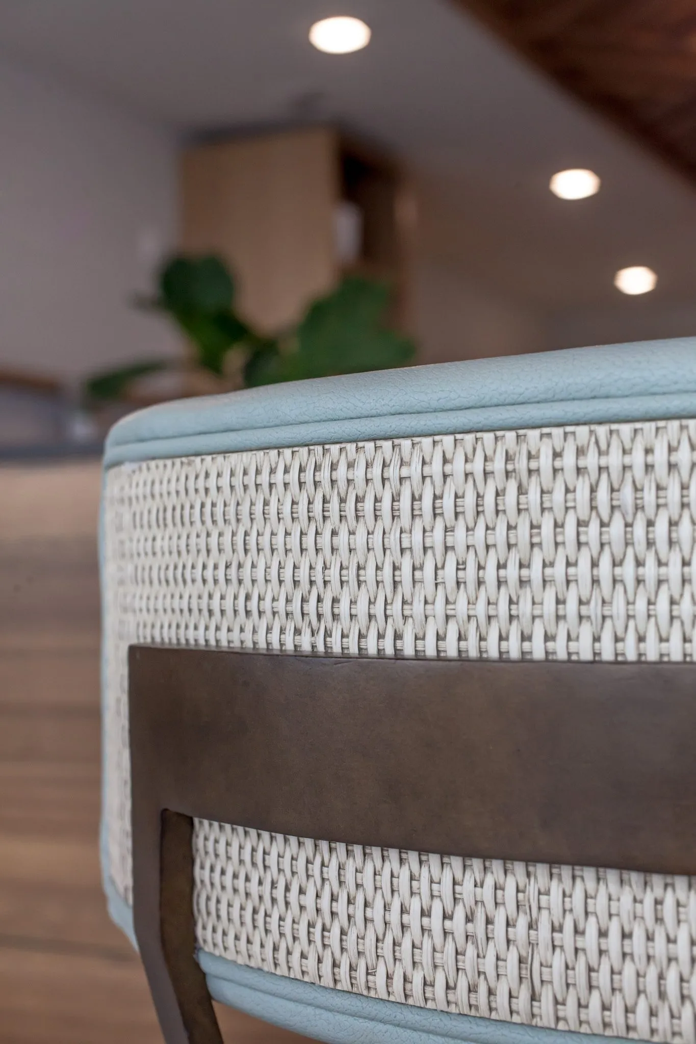 Multifamily interior detail: woven chair back and bronze frame, a plant blurred beyond