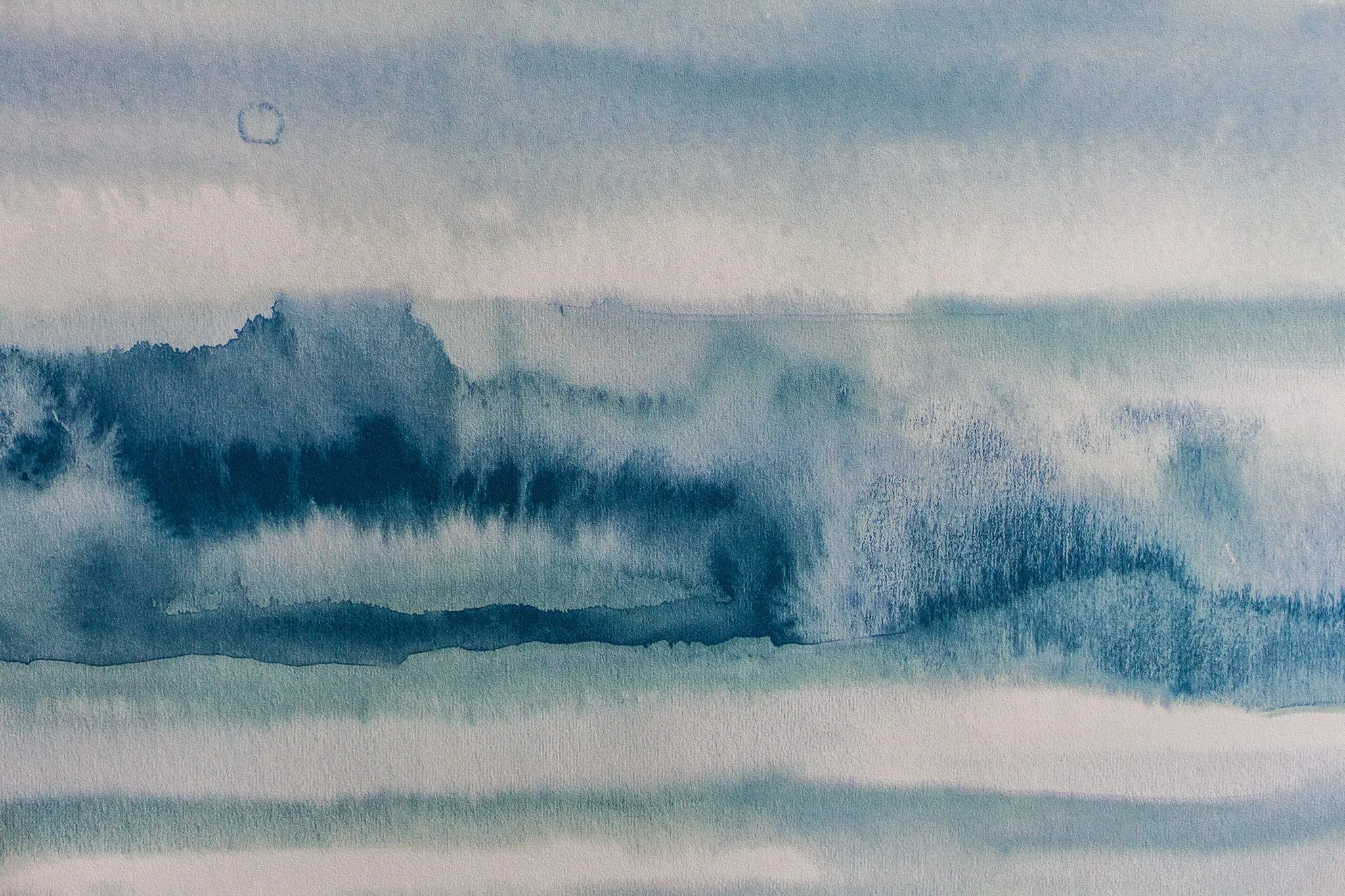 Multifamily interior detail: blue and white watercolour wave artwork