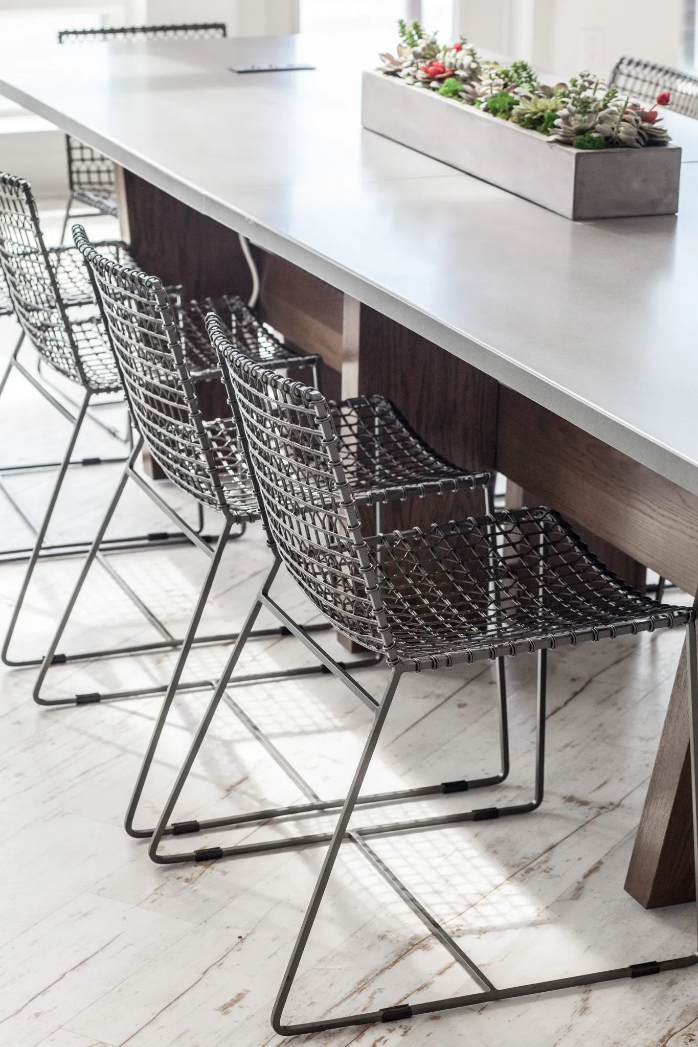 Multifamily interior detail: wire chairs lined along the long table with a planter of succulents