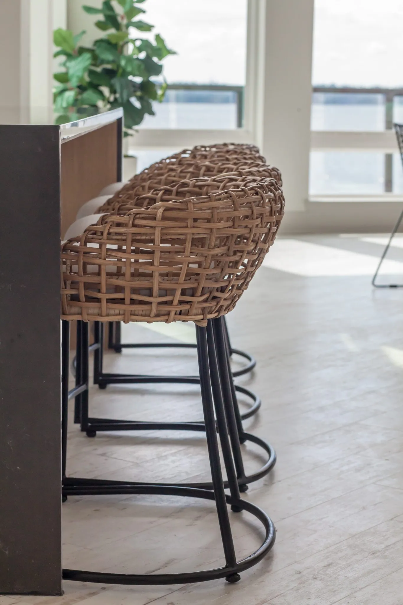 Multifamily interior detail: woven stools tucked under the island, a fig tree and river windows beyond