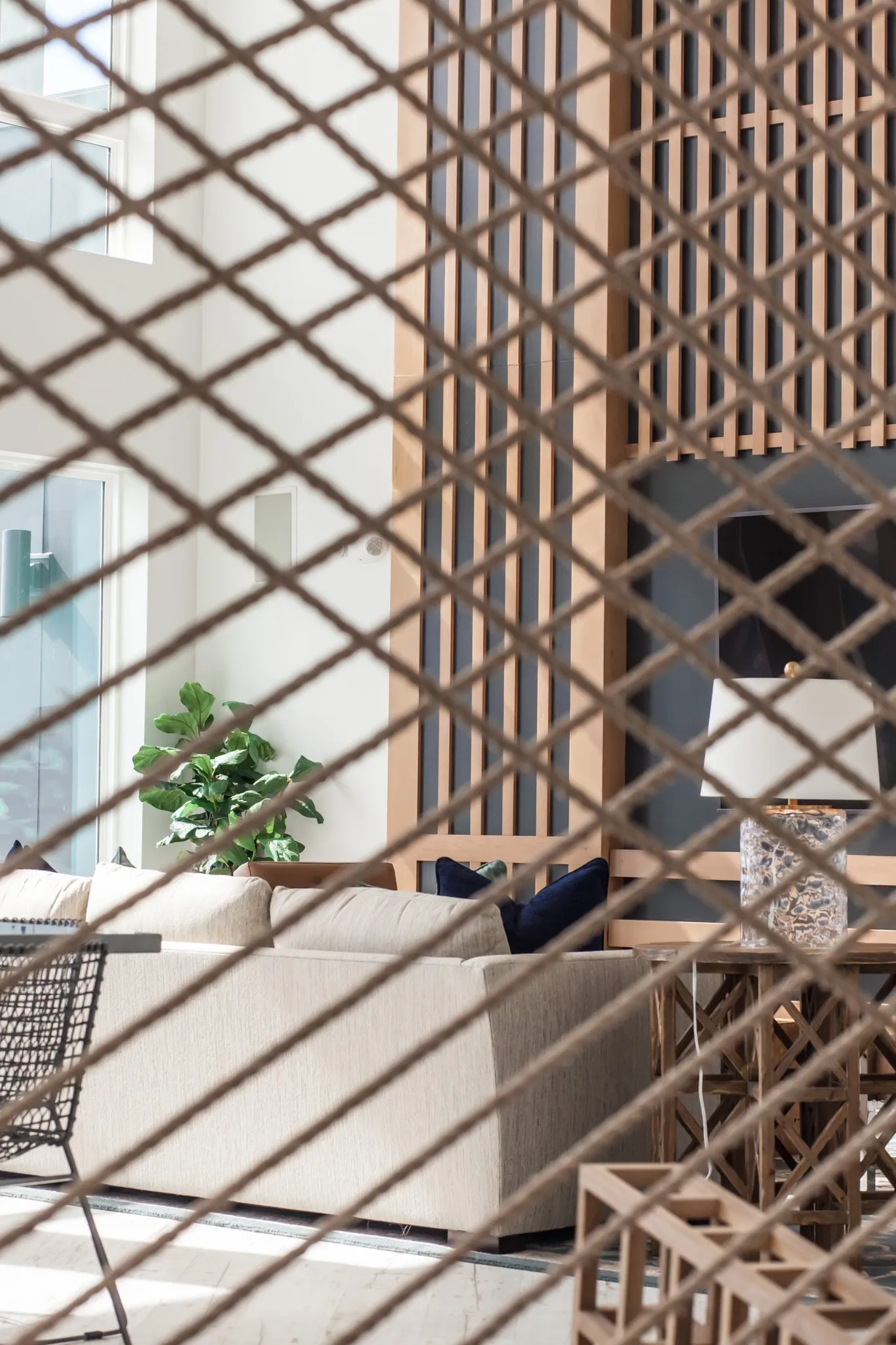 Multifamily amenity clubroom seen through the rope screen, a cream sofa and fig tree before the wood slat media wall