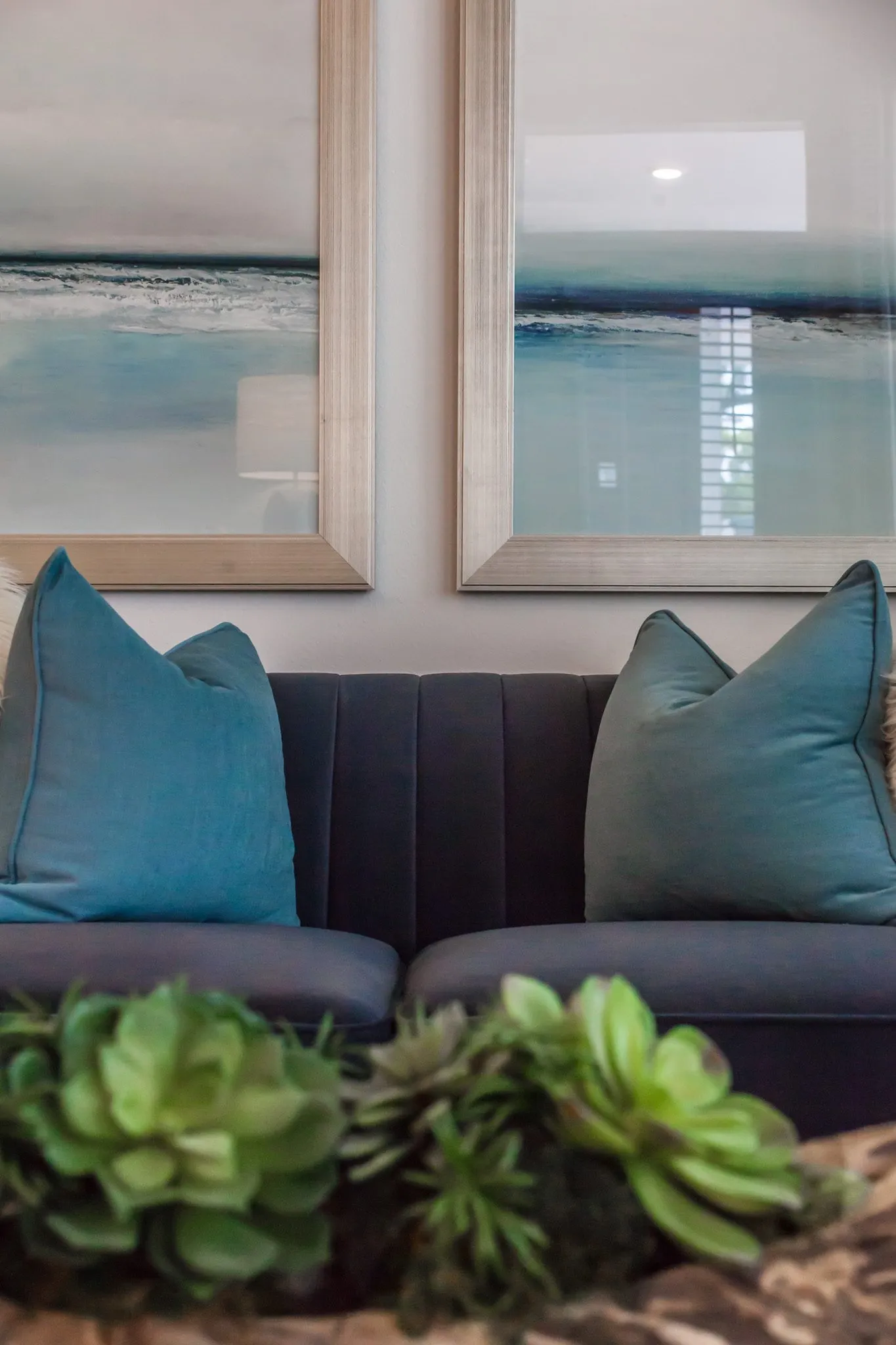 Multifamily interior detail: teal pillows on a navy channel back sofa below two framed seascapes, succulents in front