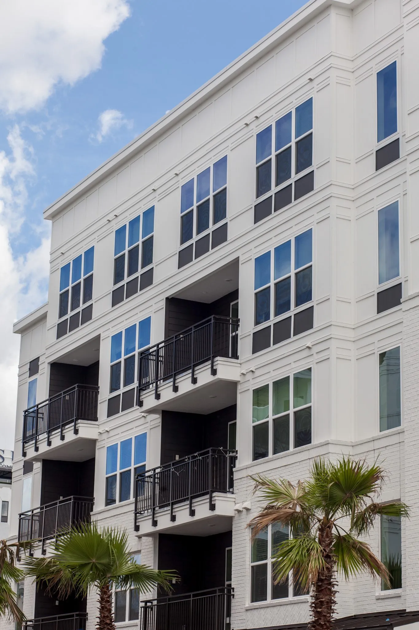 Multifamily community exterior: white facade with stacked black balconies and palms at the base