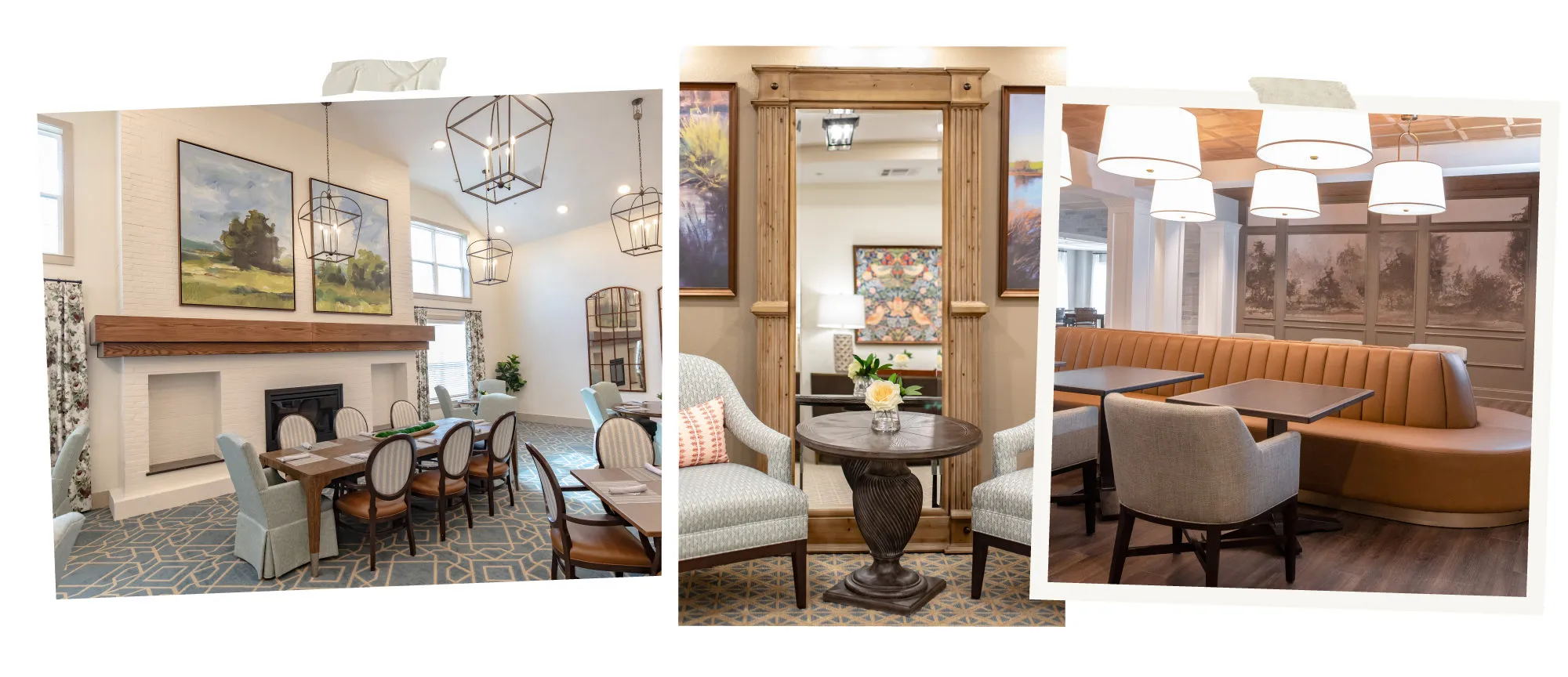 Senior living collage: a fireplace lounge with landscape paintings, a vignette by a gilt mirror and a leather banquette