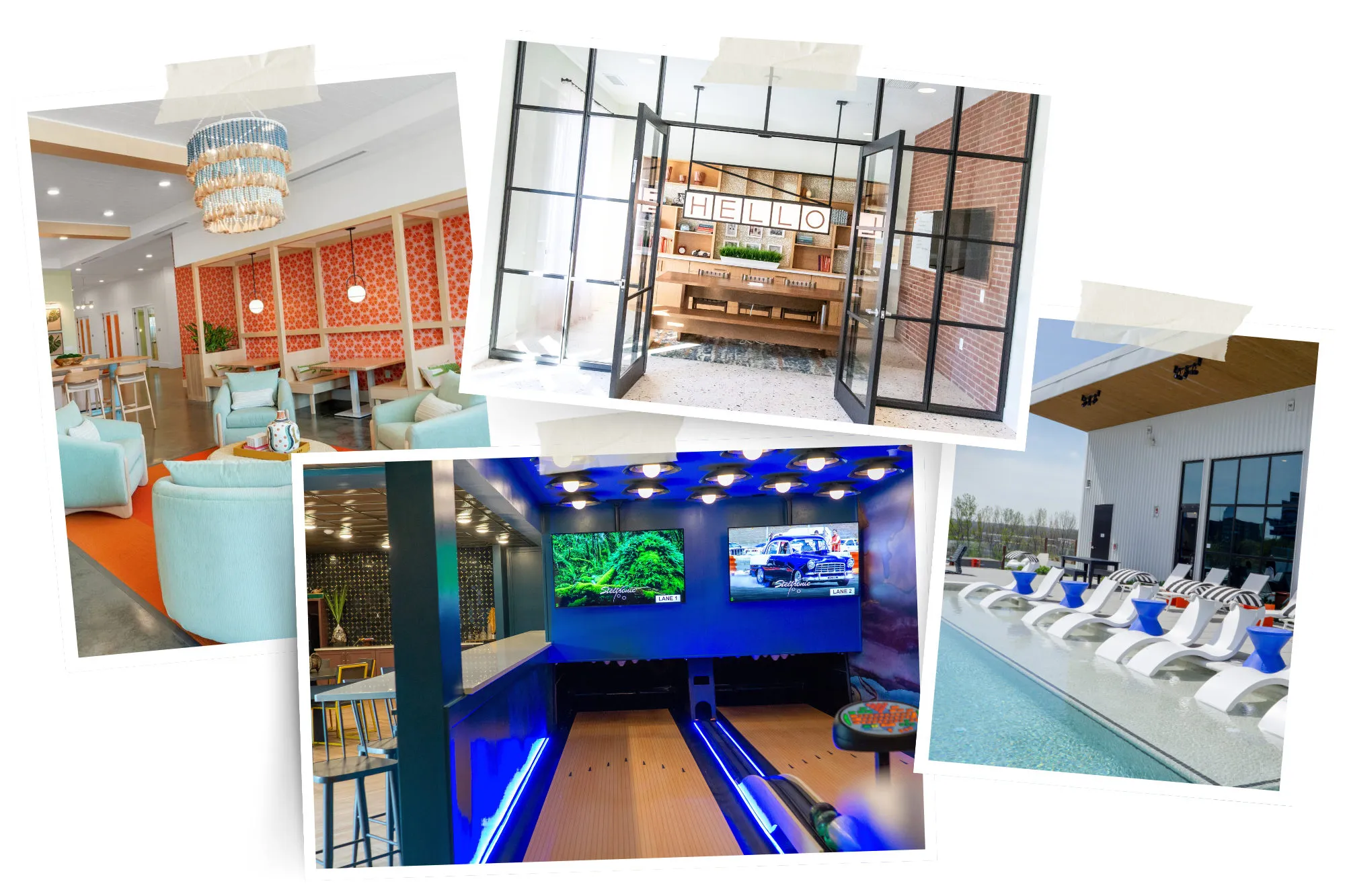 Student housing amenities: a coral and mint cafe, a lobby with a HELLO sign, a blue-lit bowling alley and a pool deck