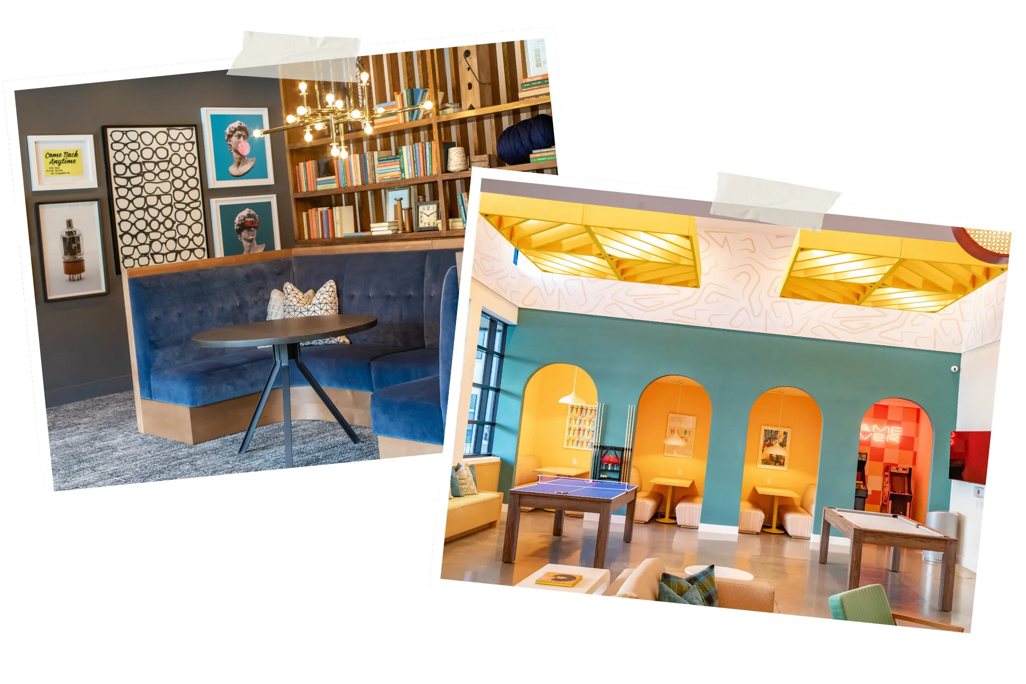 Student housing amenity lounges: a navy velvet banquette under a bookshelf wall, and a teal room with orange arched niches