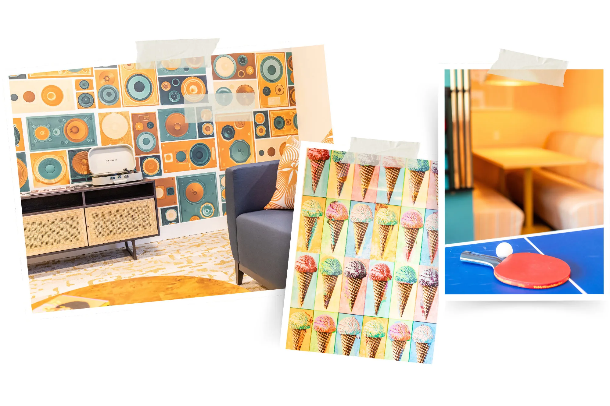Student housing amenity details: a record player on speaker-print wallpaper, ice cream cone wallpaper and a ping-pong paddle
