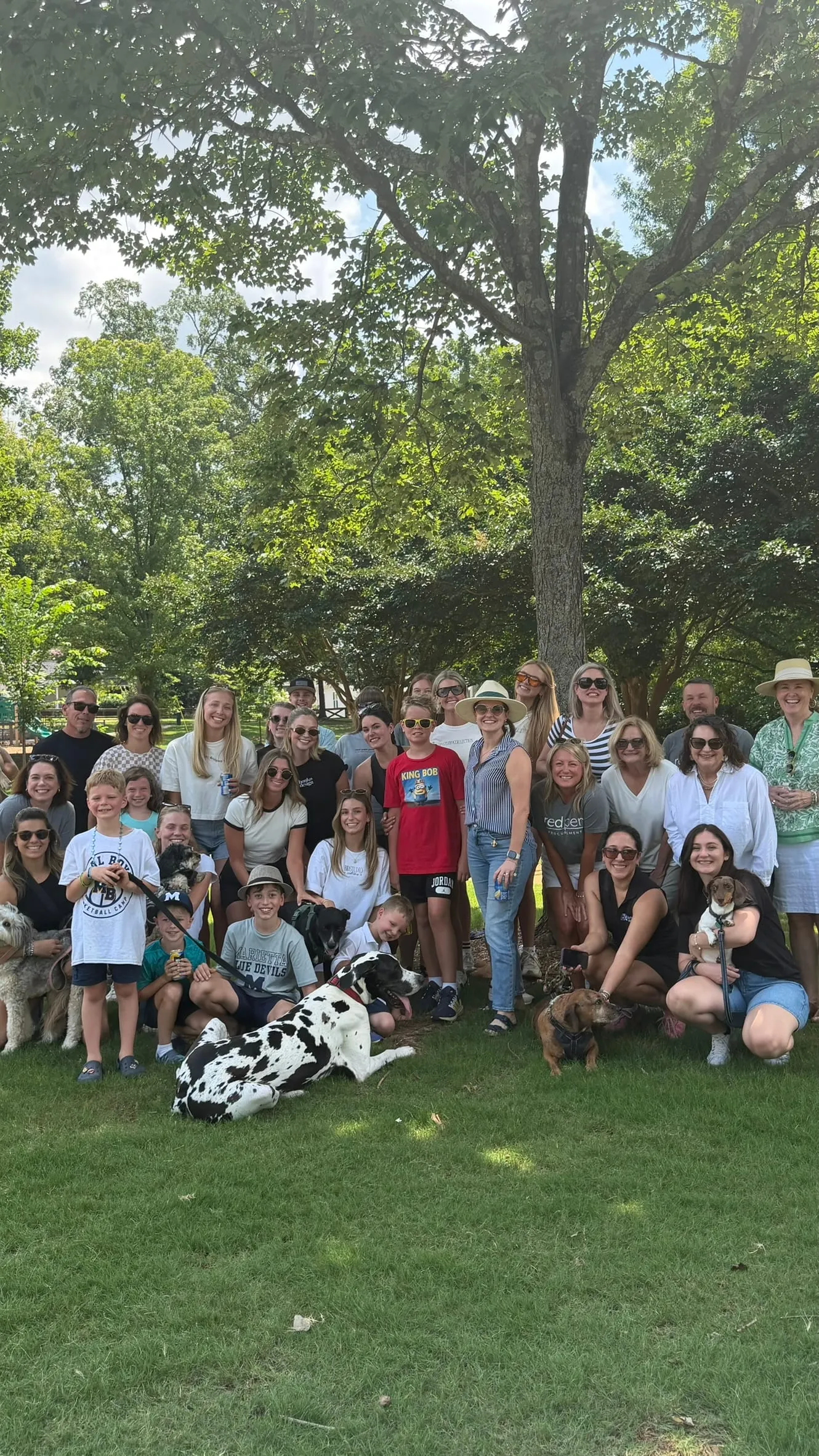 A large group of families with young children and a dalmatian sitting together on the grass in a park