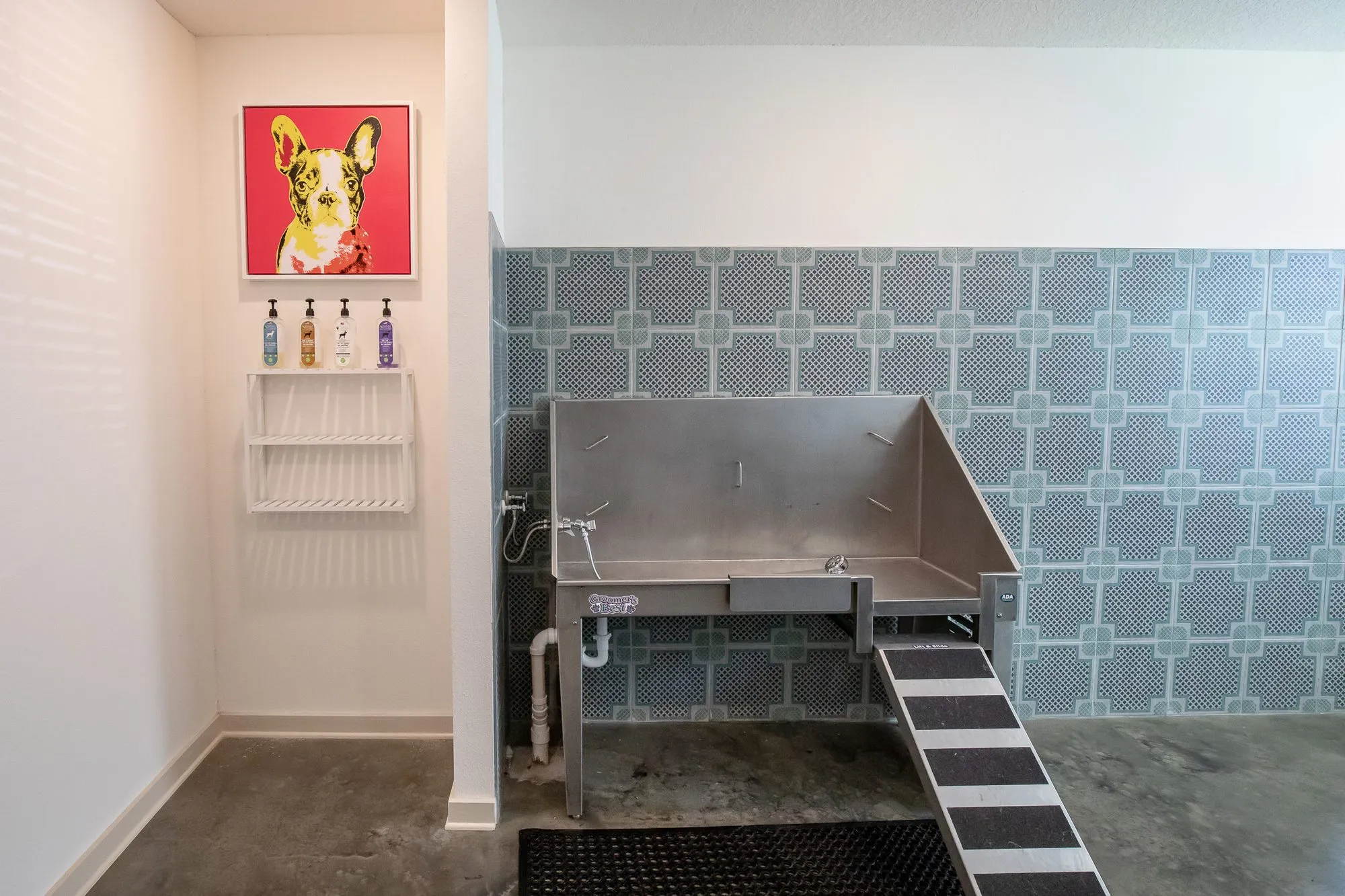Multifamily amenity pet wash room with a stainless steel tub and ramp on blue geometric tile below a pop art dog portrait