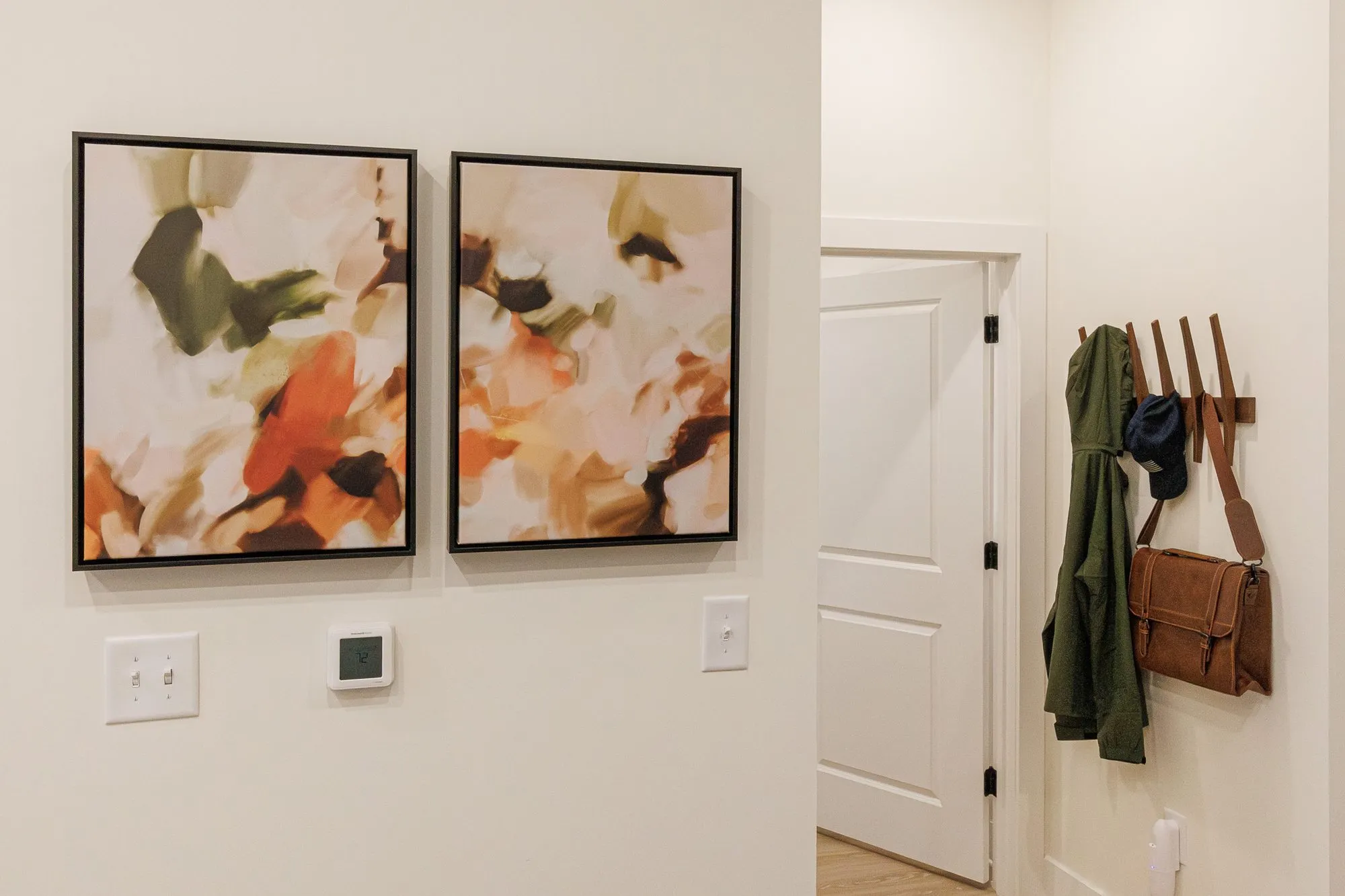 Multifamily interior detail: two framed abstract paintings beside a doorway and a peg rack holding a jacket and leather bag