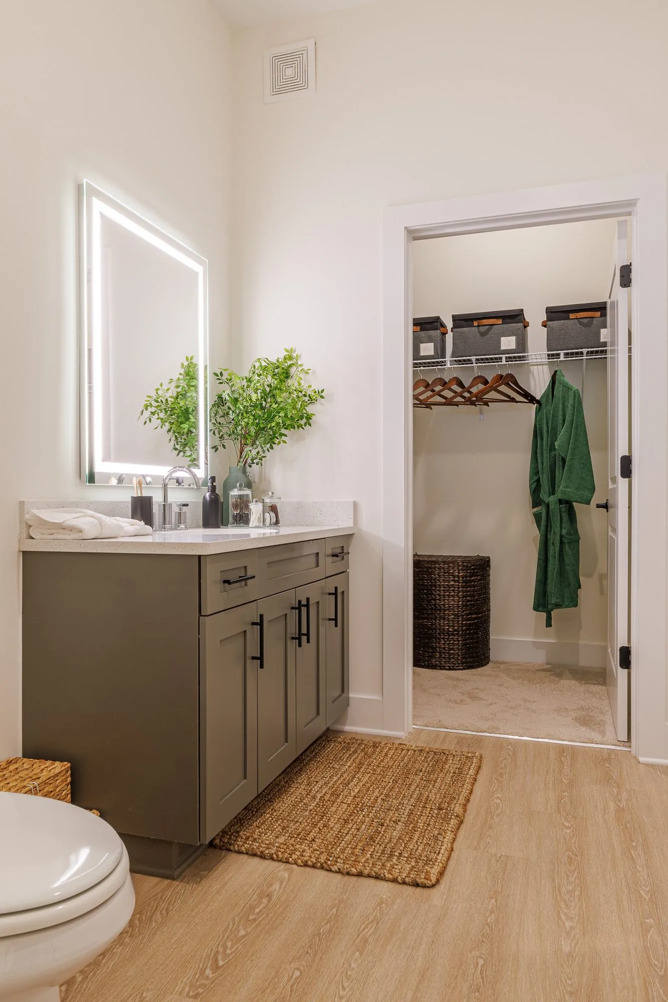 Multifamily model apartment bathroom with a grey vanity under a backlit mirror, a walk-in closet with a green robe beyond