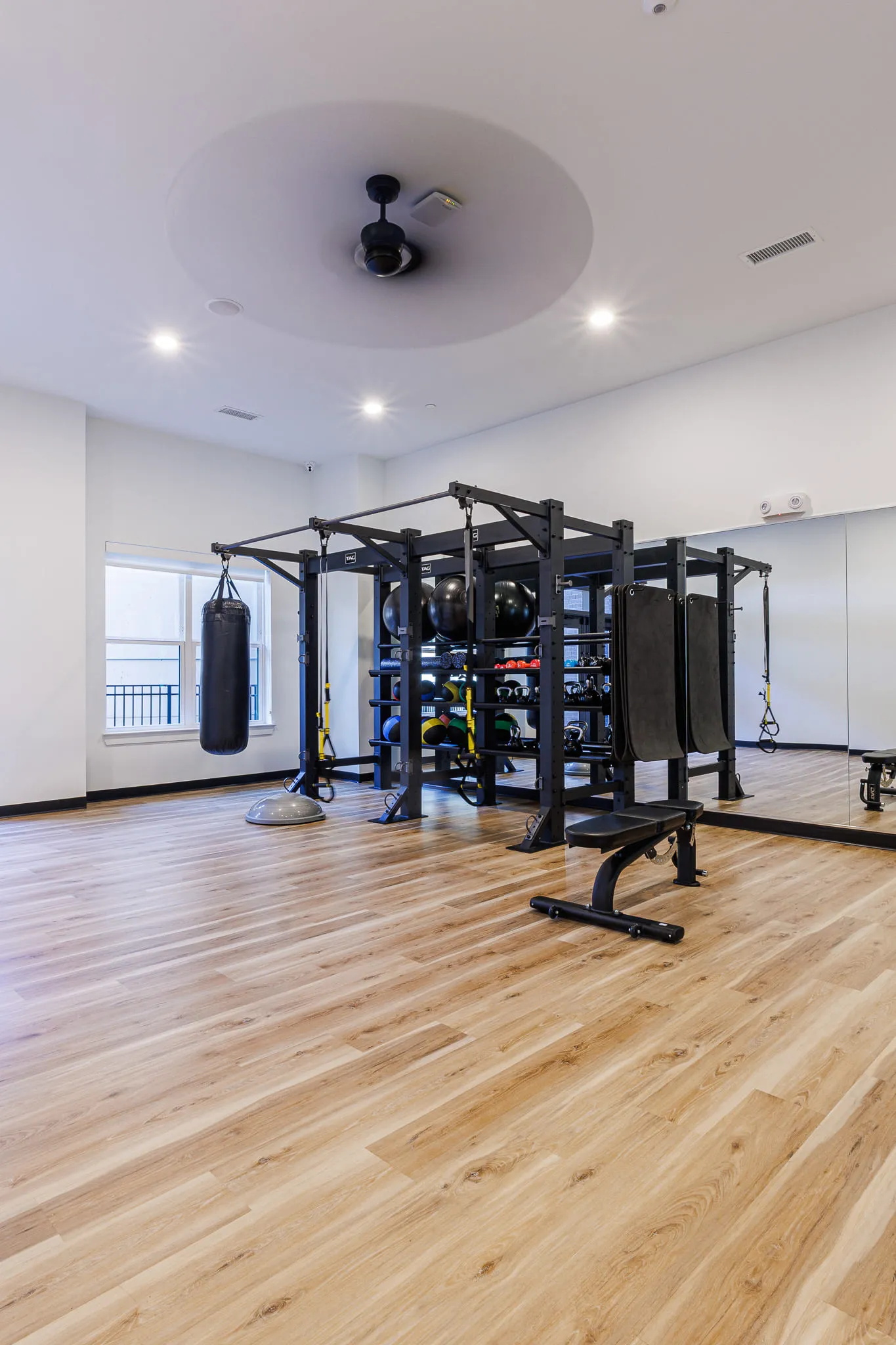 Multifamily amenity fitness studio with a training rig, free weights and a punching bag on wood floors
